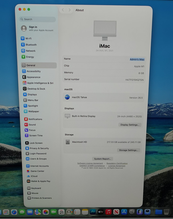 Apple iMac 2021 A2439 24″ Apple M1- 8GB 256GB SSD macOS Tahoe
