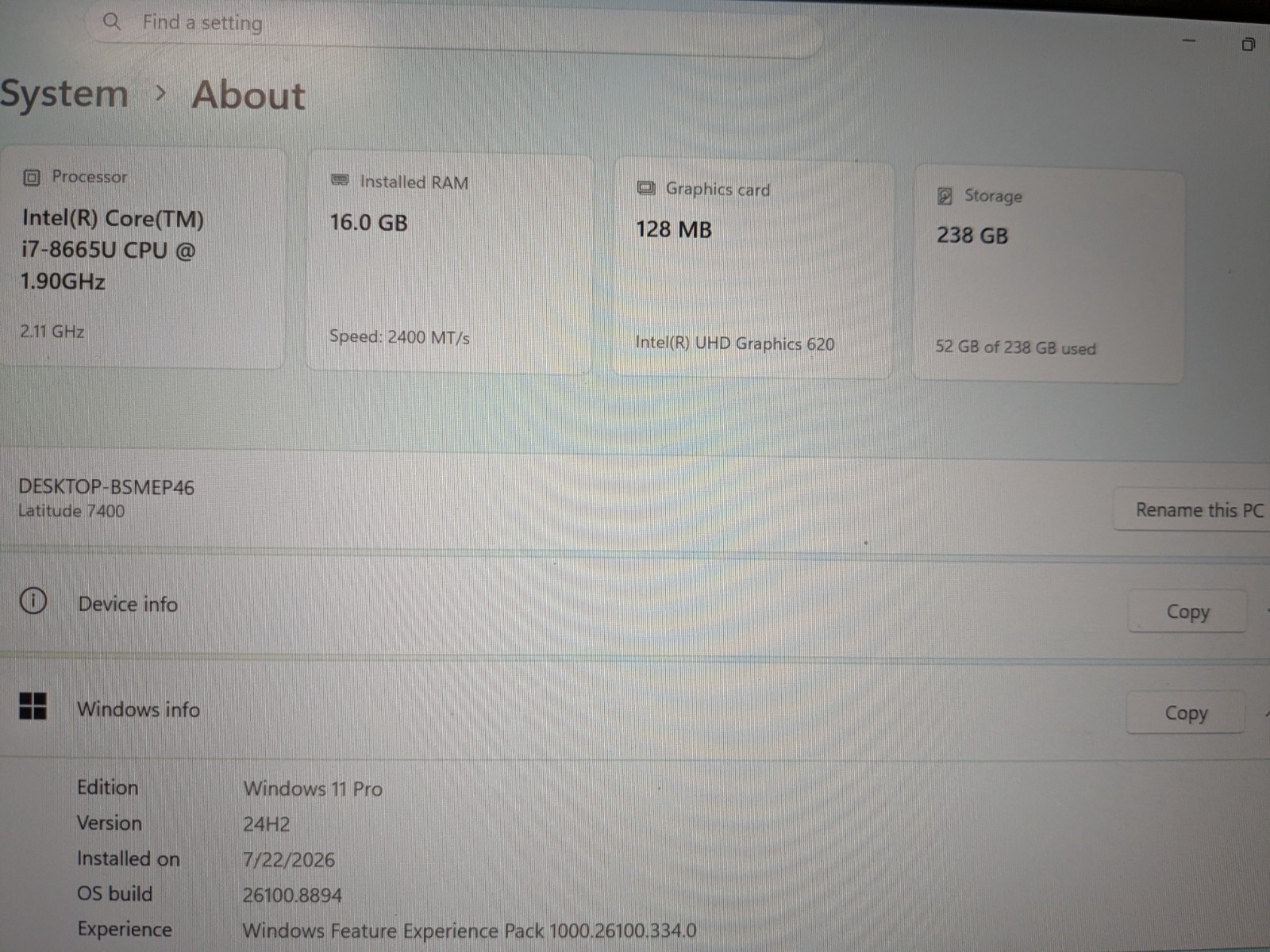 DELL LATITUDE 7400, Intel Core i7-8665U, 1.90 GHz, 16 GB RAM, 256 GB M.2