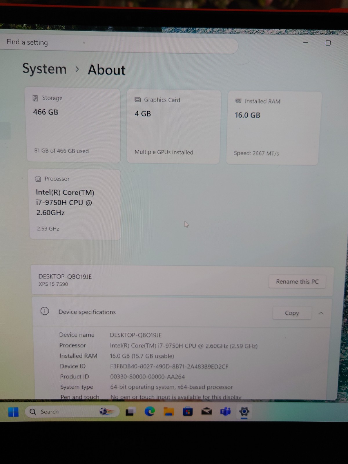 Dell XPS 15 7590 4K UHD i7-9750H 2.6GHz 16GB RAM 512GB SSD GTX 1650 WIN 11 PRO