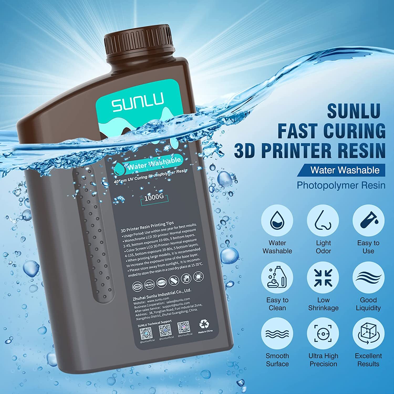 SUNLU 1KG 3D Printer Resin Standard/Water Washable/ABS-Like/Nylon-Like 405nm LCD