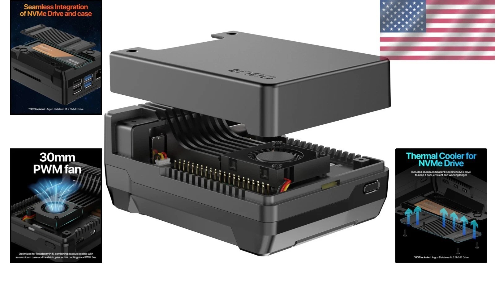 Sleek Argon NEO 5 Aluminum Case for Raspberry Pi 5 with Integrated Cooling Fan