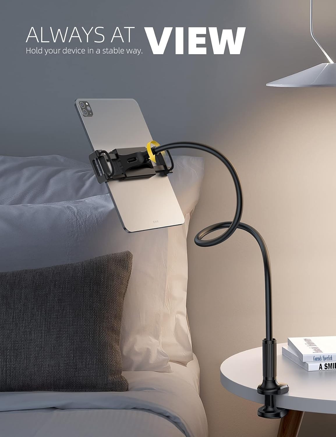 Gooseneck Tablet Mount Holder for Bed Flexible Clamp 4.7-11 Inch Device Black