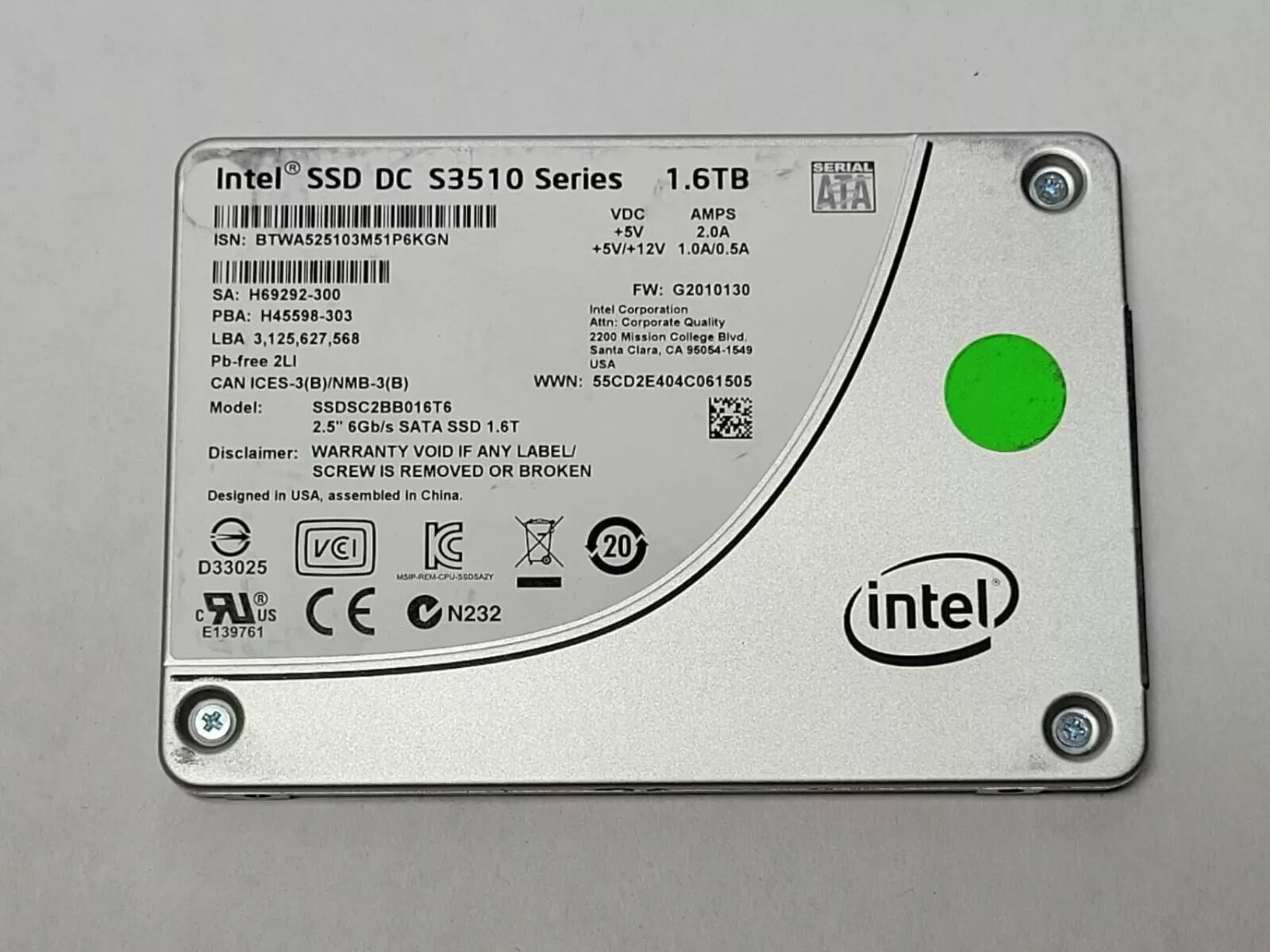 Intel SSD DC S3510 Series 1.6TB 2.5″ SATA SSD Solid State SSDSC2BB016T6