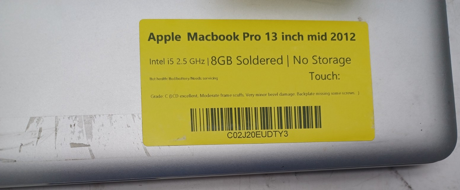Apple Macbook Pro 13 inch mid 2012 Intel i5 2.5 GHz 8GB RAM No Storage