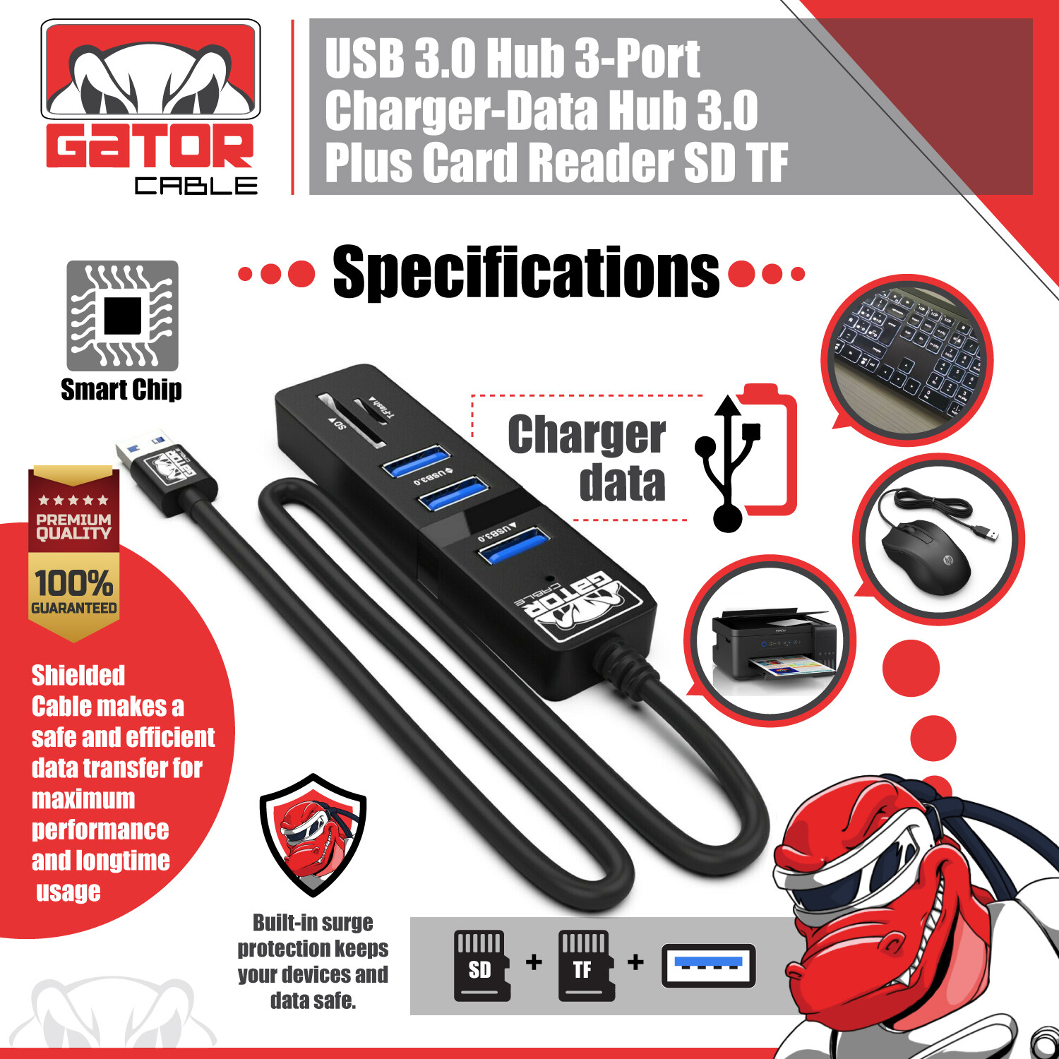 USB 3.0 HUB 3-Port Charger Data Sync SD TF Card Reader for PC Mac Laptop Desktop