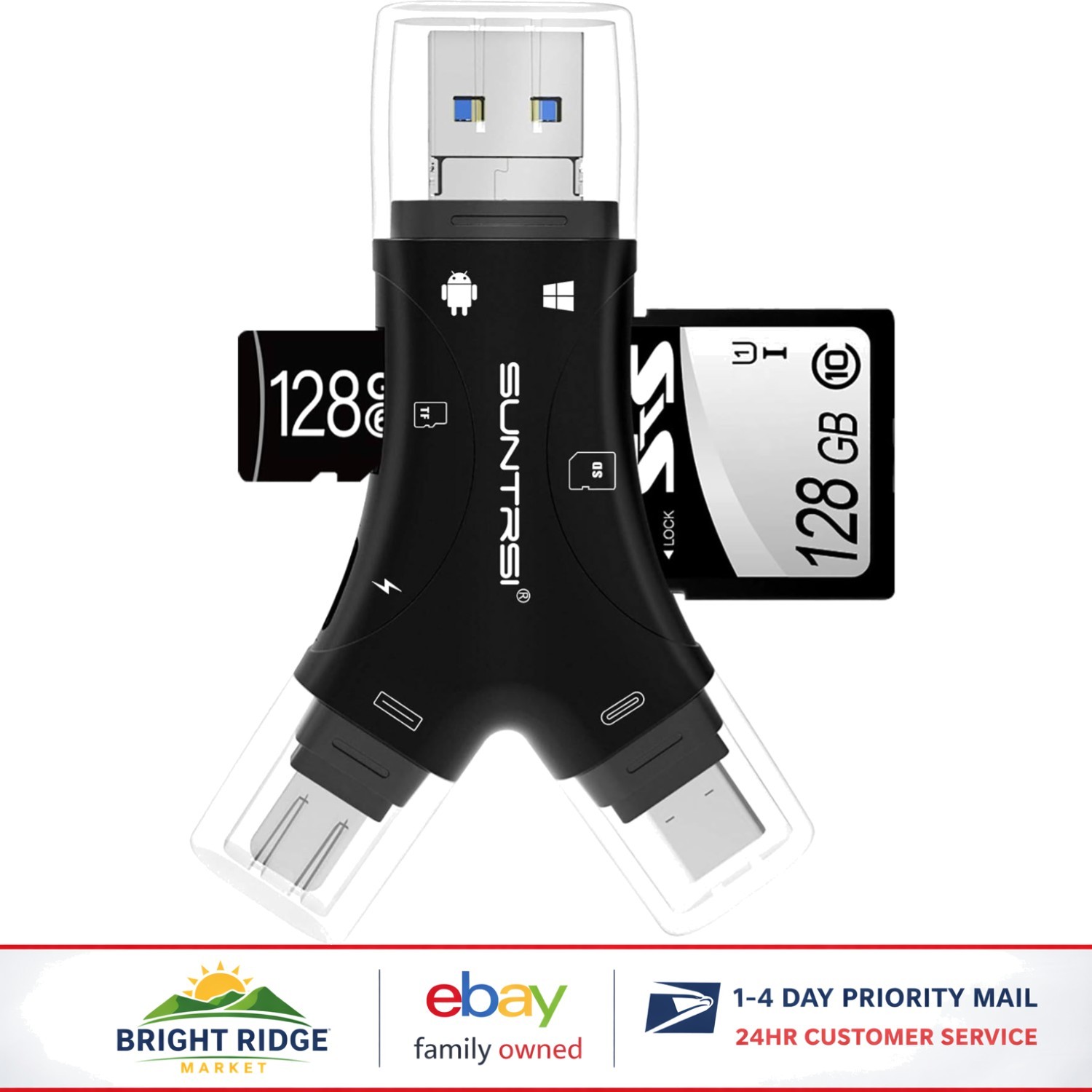 4-in-1 SD Card Reader for iPhone, Android, Mac, and Camera with Charging Port