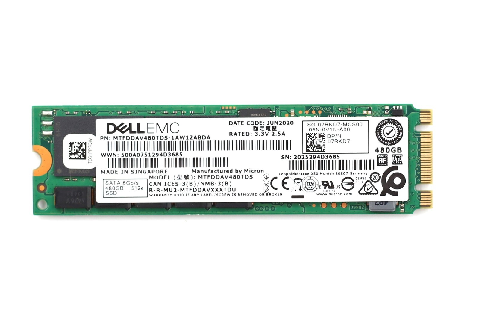 Dell MTFDDAV480TDS 480GB 6Gb/s M.2 2280 512e TLC SATA SSD Dell P/N:07RKD7 Tested