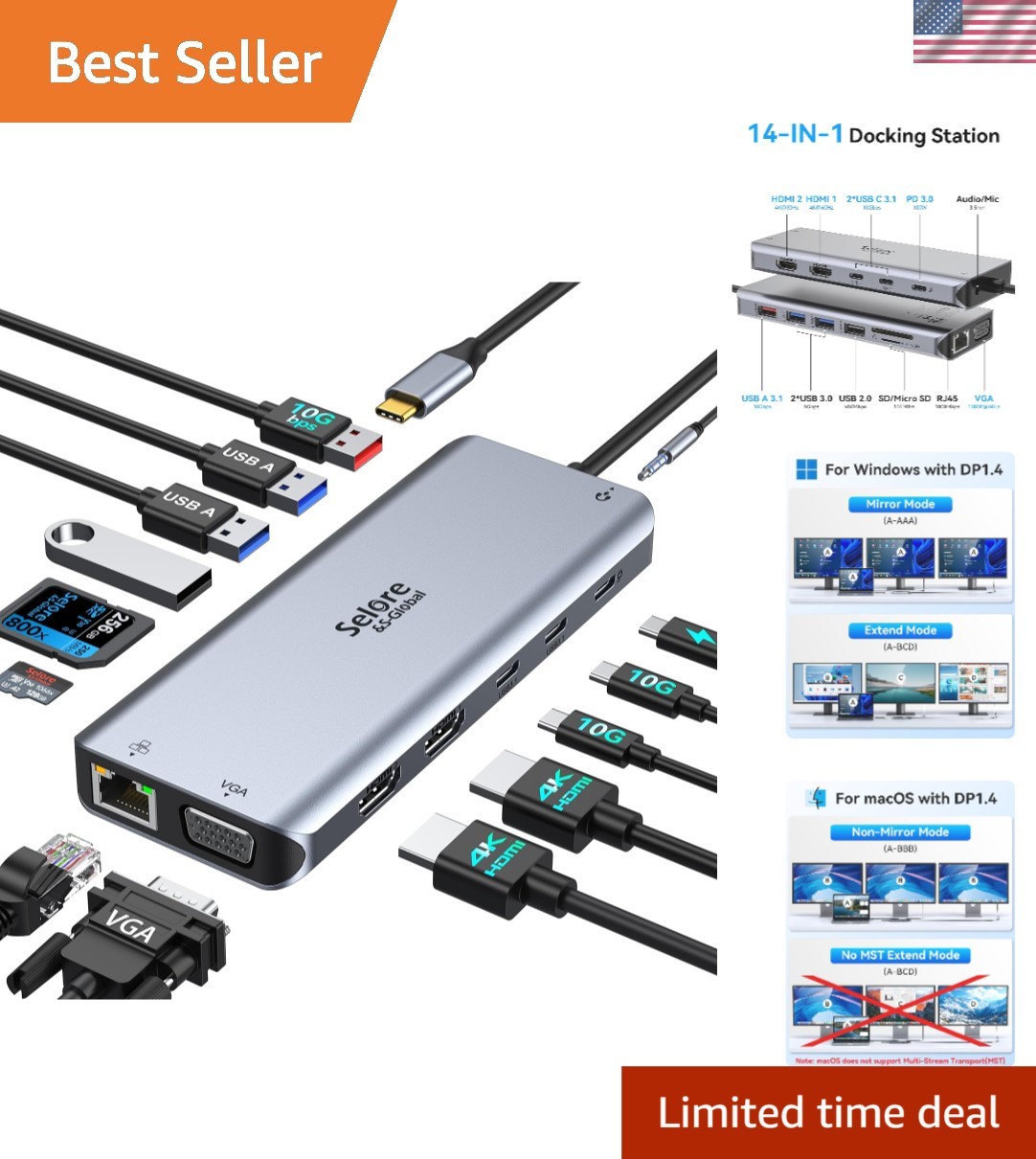 Versatile 14-in-1 USB C Docking Station with Dual Display & Fast Data Transfer