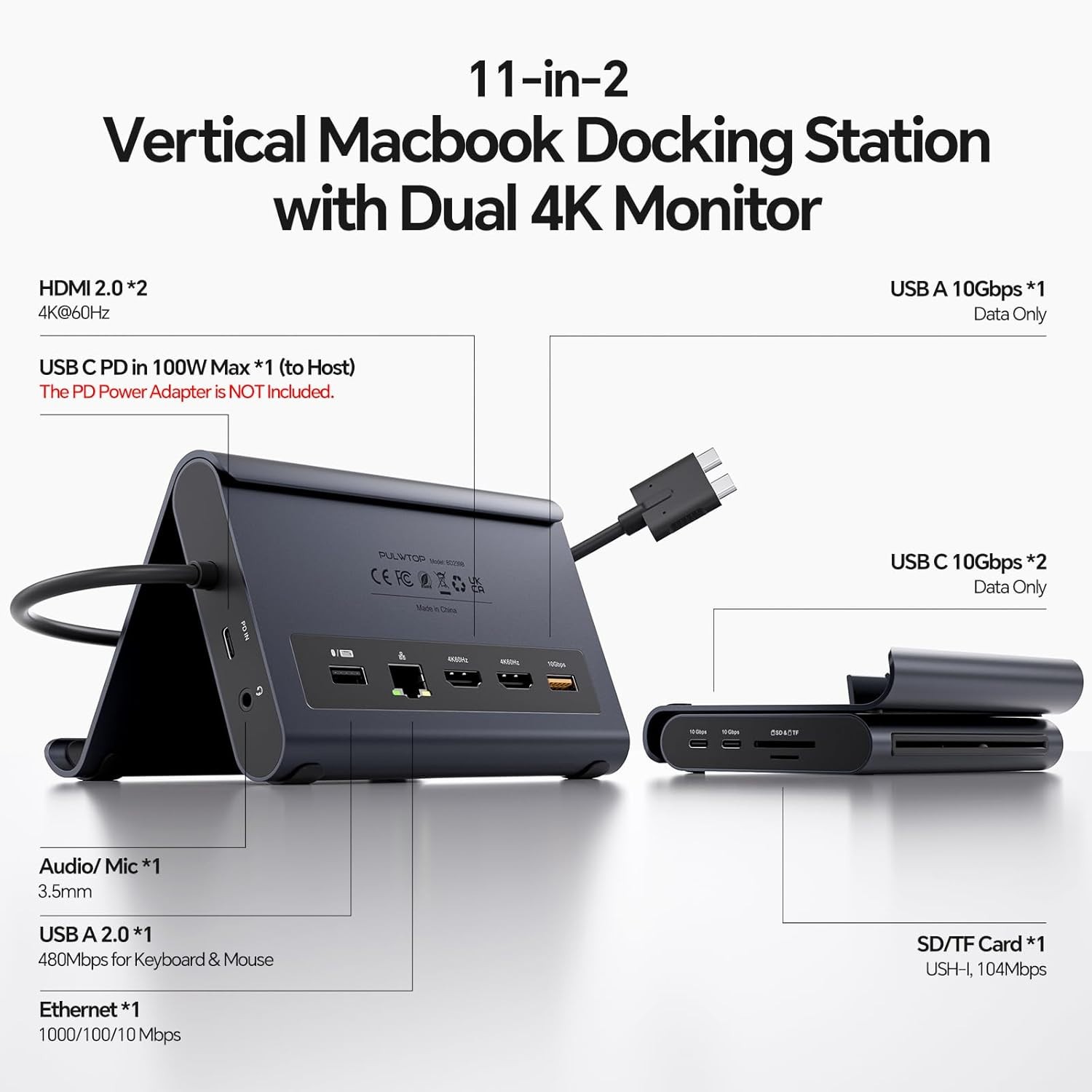 New – Pulwtop MacBook Docking Station Dual Monitor 4K@60Hz, Vertical (Midnight)
