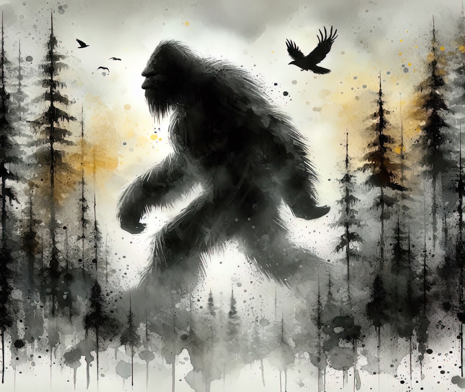 BIGFOOT SASQUATCH FOREST PINE TREES WATERCOLOR COMPUTER MOUSE PAD 9.25 X 7.75 IN