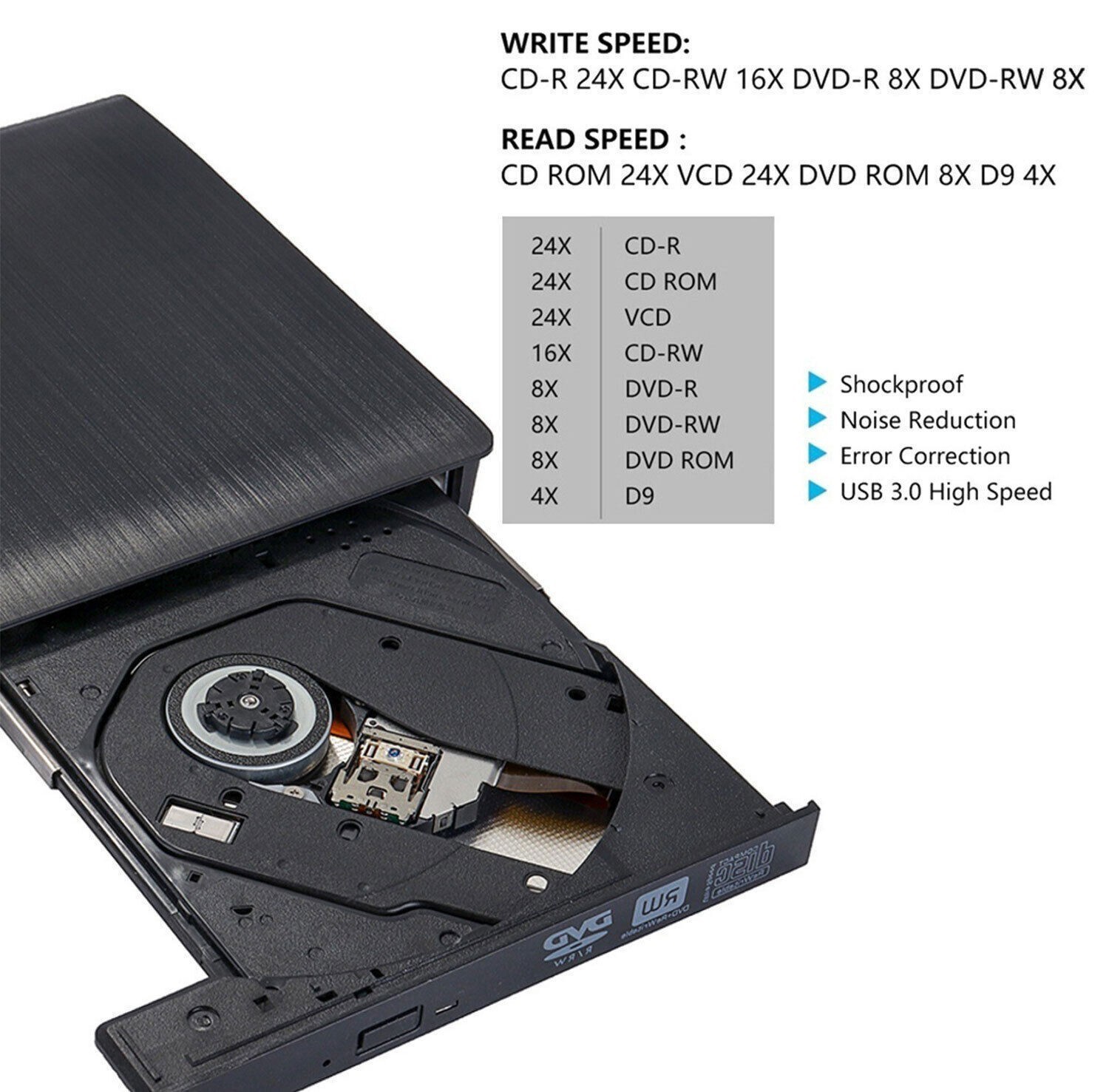 Slim External CD DVD RW Drive USB 3.0 Writer Burner Player Black For Laptop PCS
