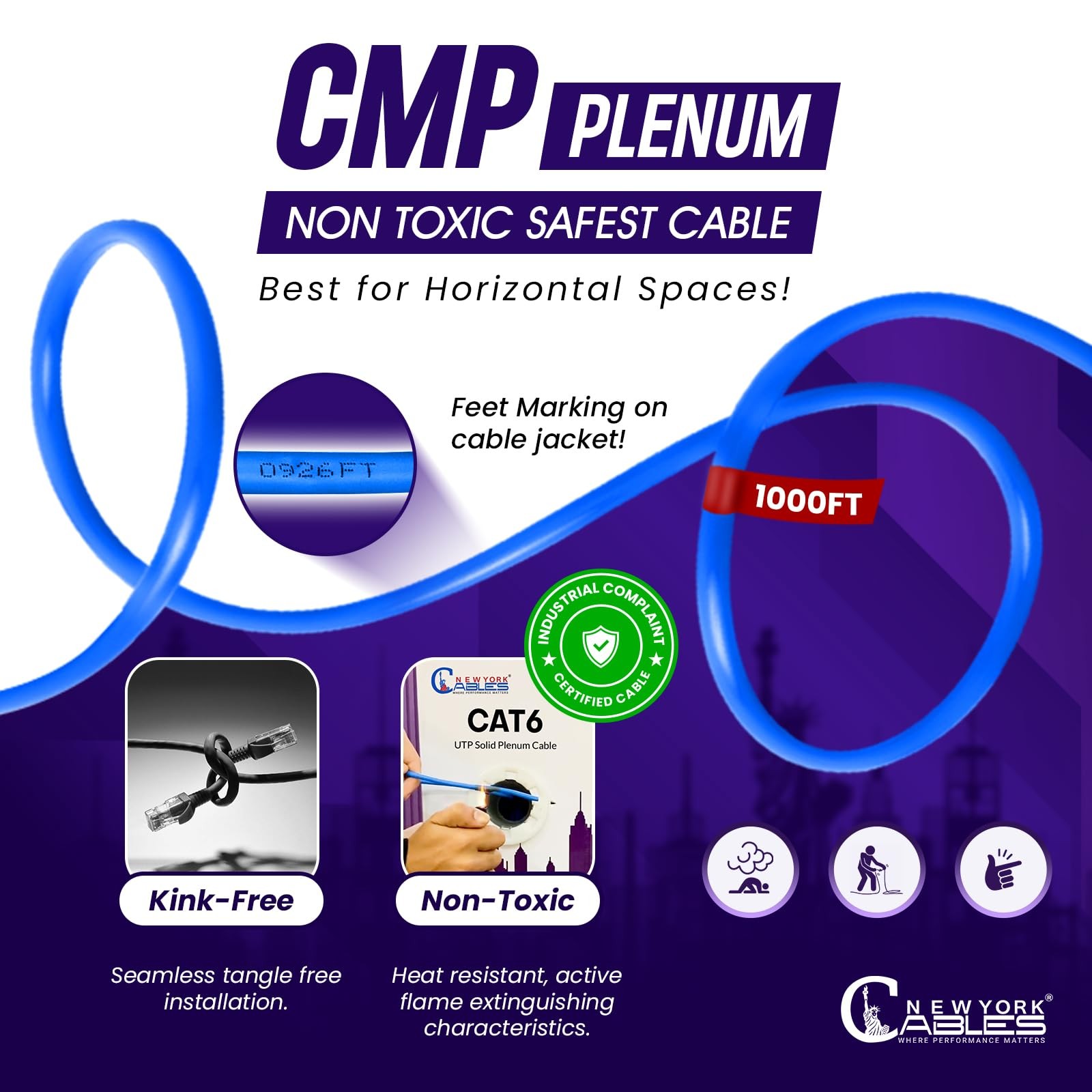 CAT6 Plenum Cable 1000ft | 23AWG, UTP 4Pairs, 550MHz 10Gbps Most Certified (CMP)