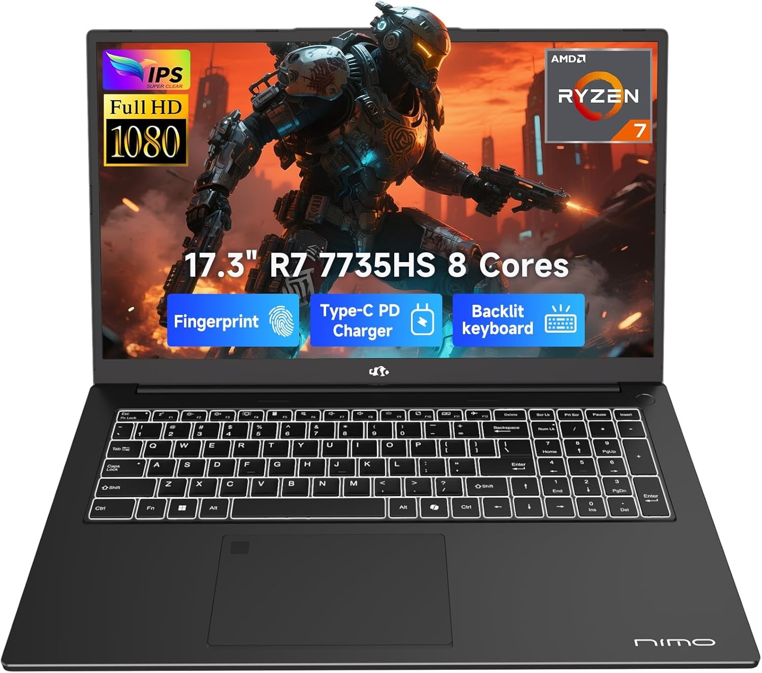 NIMO Gaming Laptop 17.3″FHD IPS AMD R7 7735HS Up to 4.75 GHz 16GB DDR5 RAM 256GB