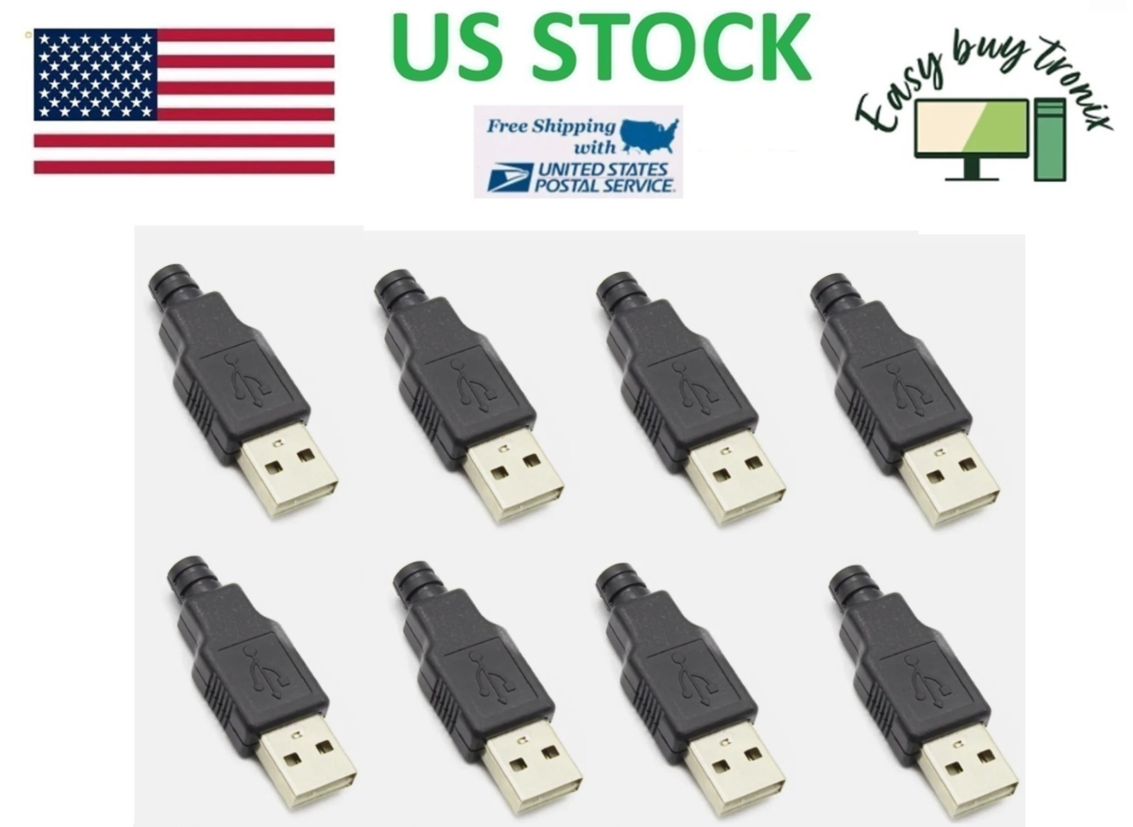20pcs USB 2.0 Type A Male 4 Pin Plug Socket Connector with Black Plastic Cover