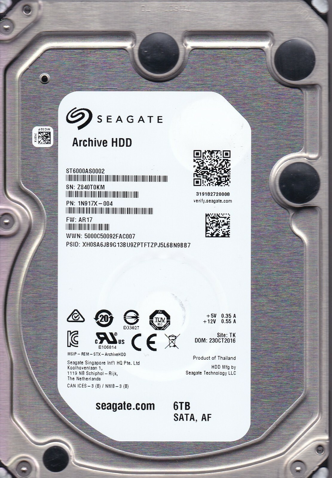 Seagate ST6000AS0002 pn:1N917X-004 s/n:Z84 fw:AR17 TK 6TB SATA 3.5″ HDD 2109