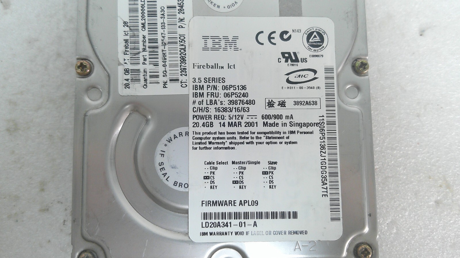 Quantum Fireball IDE 20.4GB (QML20000LD-A, SG-041RRT-12547-133-3A3O, 204531-001)