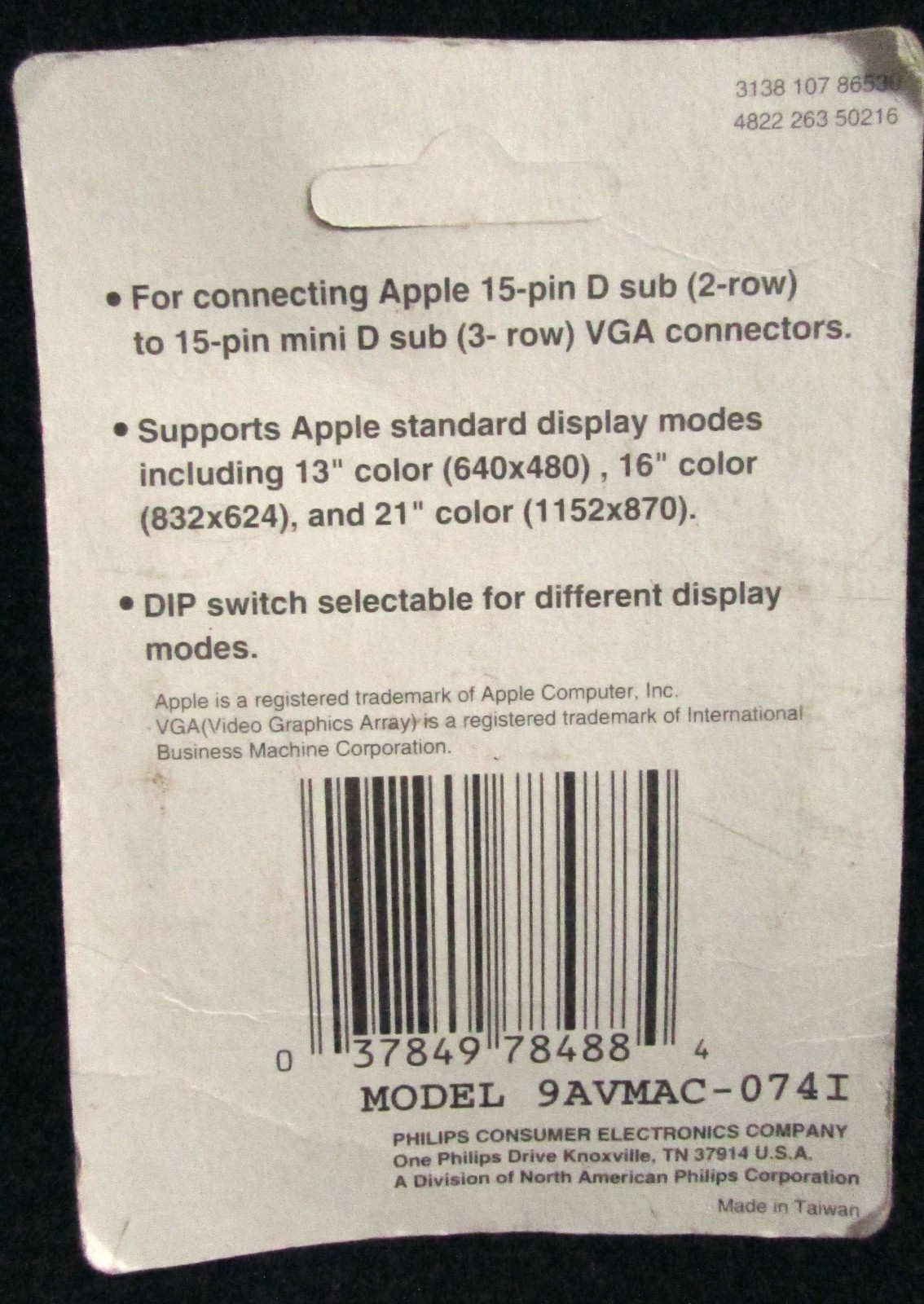 NEW PHILIPS SWITCHABLE ADAPTER for Apple Video Connectors Model 9AVMAC-074I