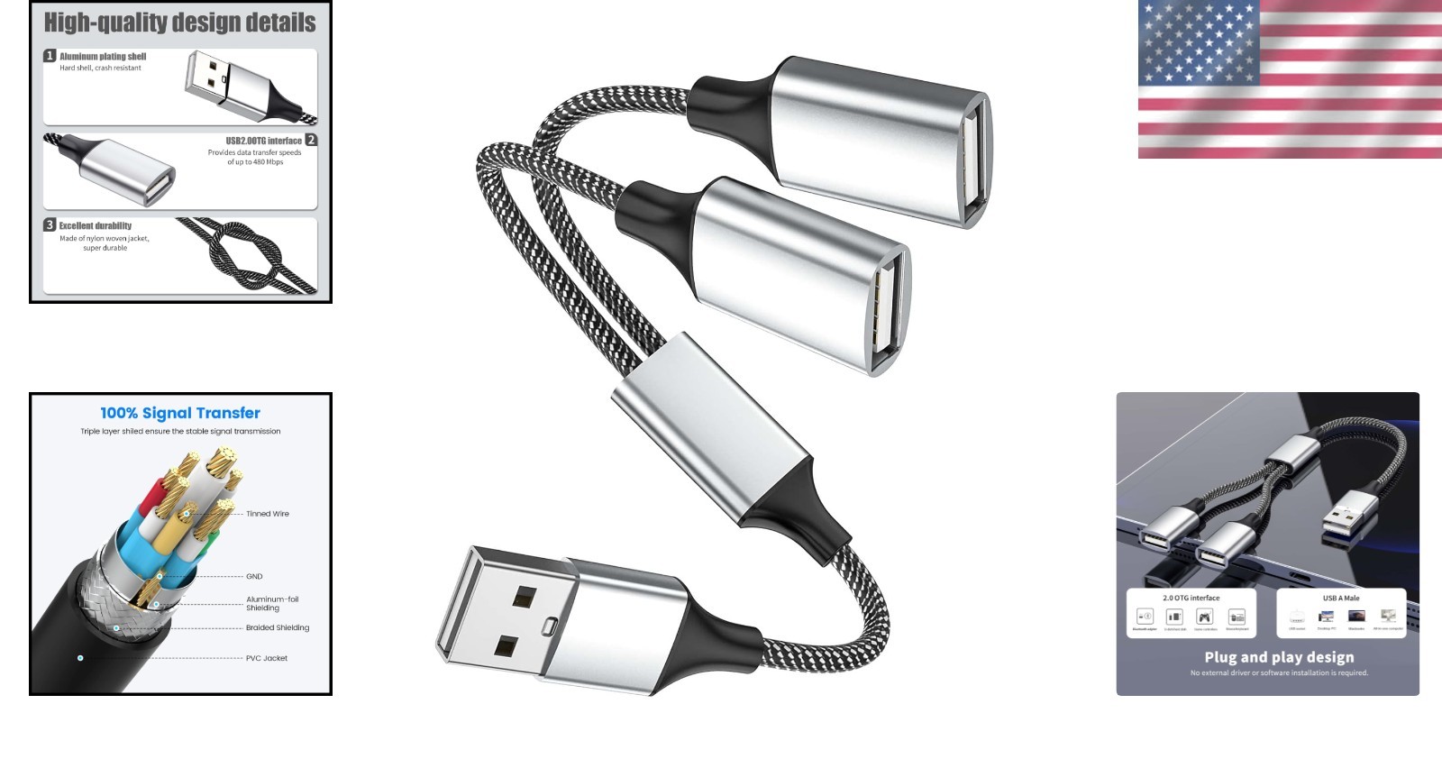 USB A Splitter 1 Male to 2 Female – Plug and Play for Speedy Charging & Data