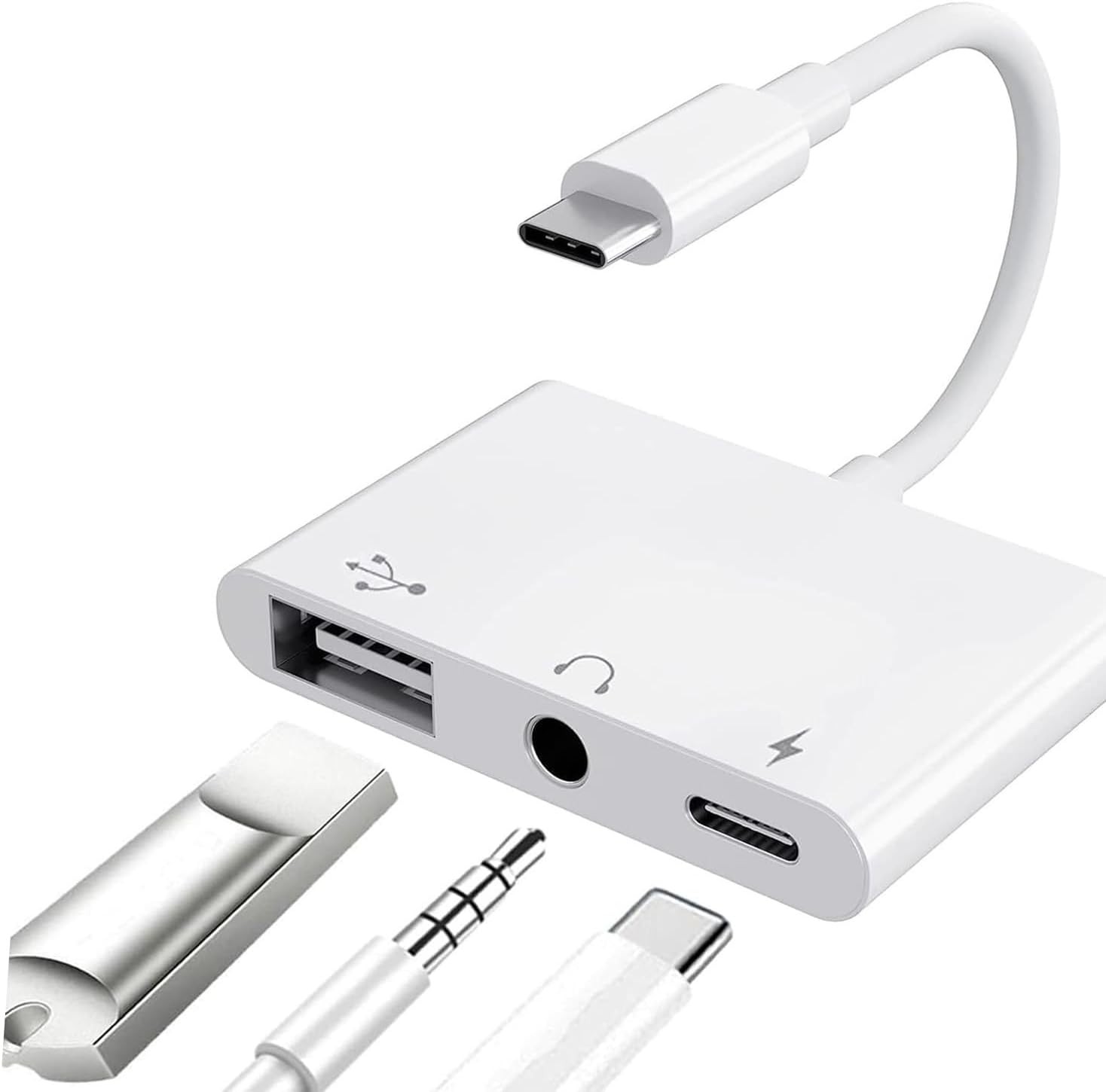 USB C to USB Adapter for MacBook, 3-in-1 USB C to USB-A OTG Splitter with 3.5mm