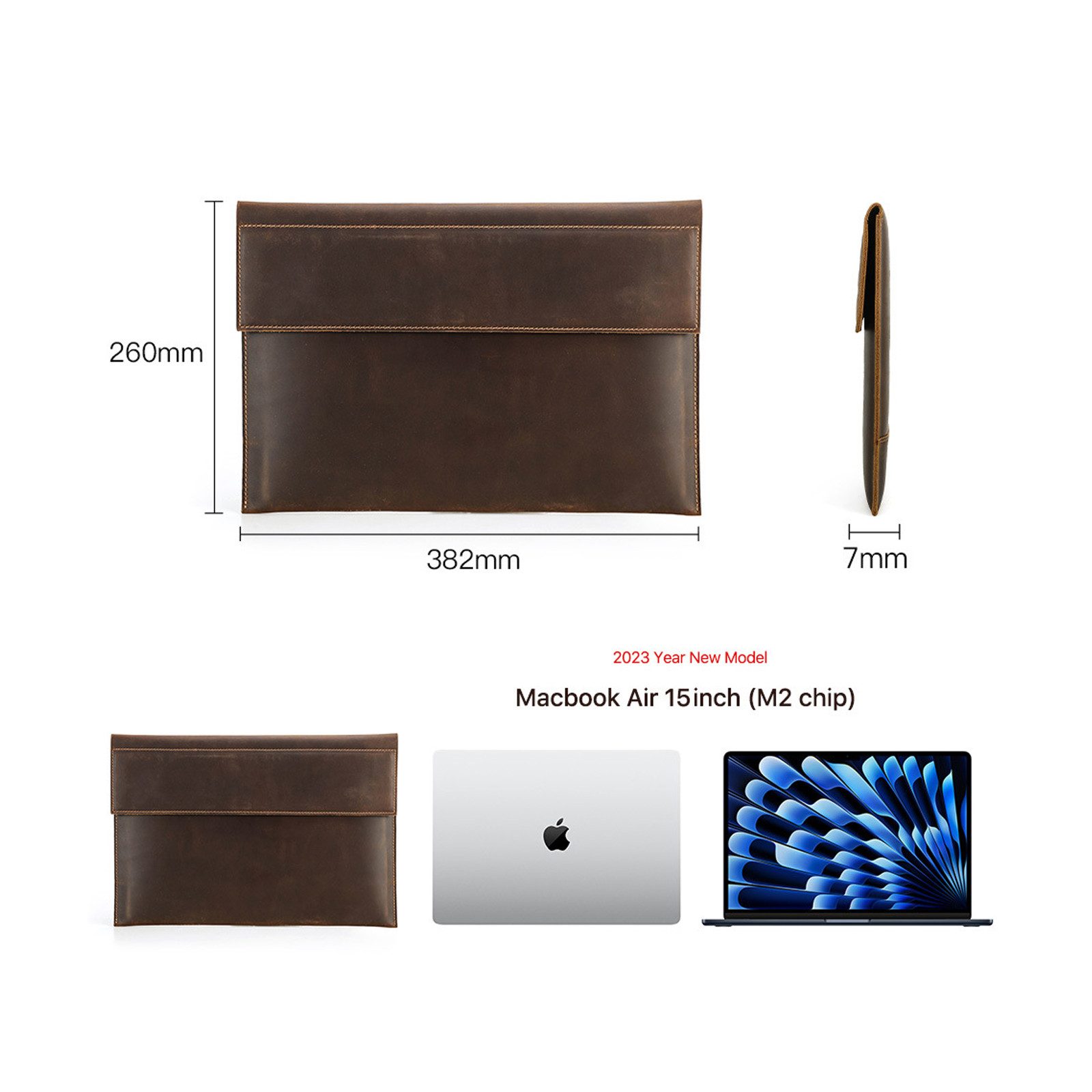 For MacBook Air 15 inch Genuine Leather Sleeve Magnetic Closure Laptop Case