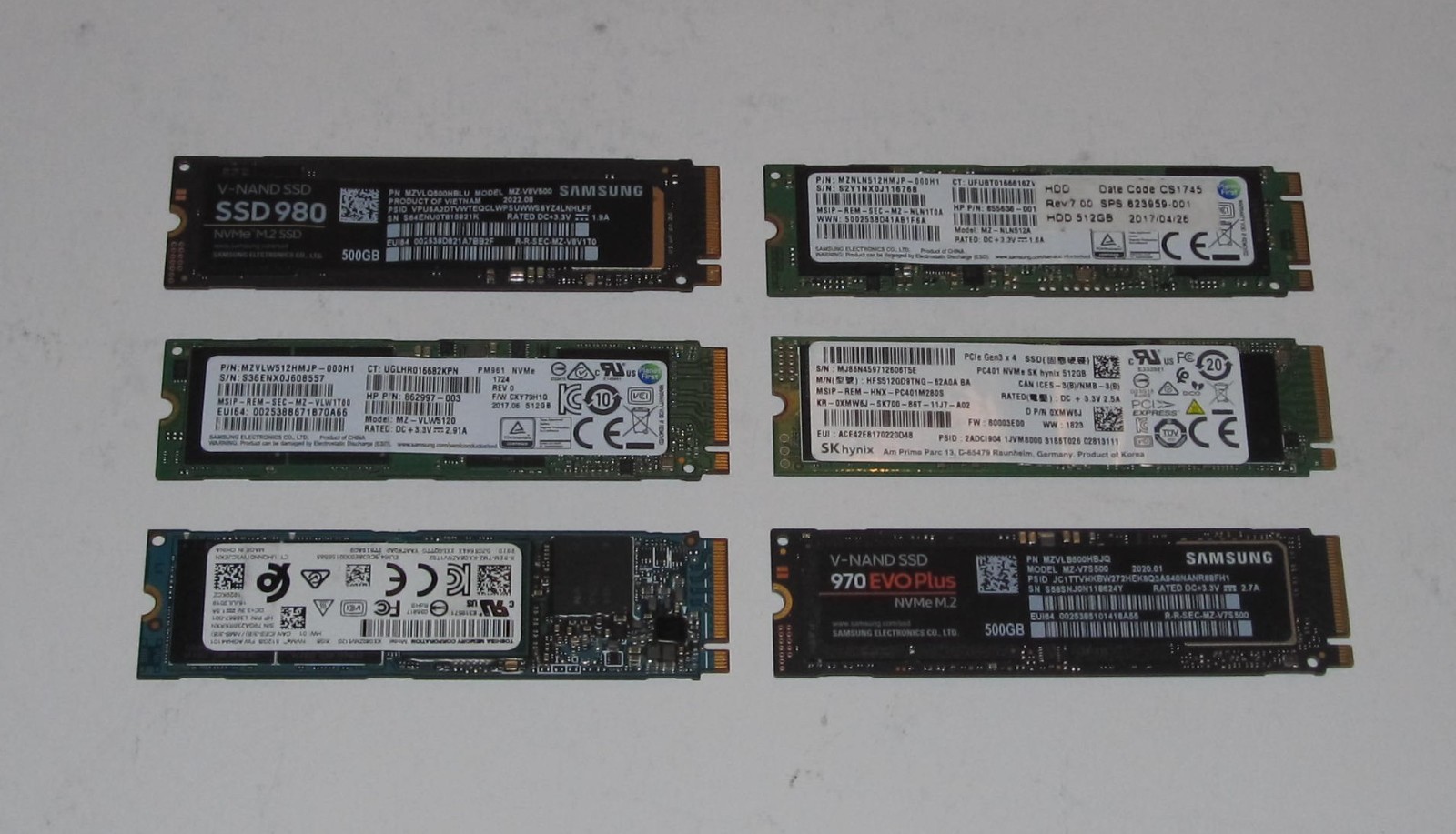 LOT OF 6 NVMe M.2 SSD 512GB & 500GB Assorted Samsung, SK Hynix, Toshiba