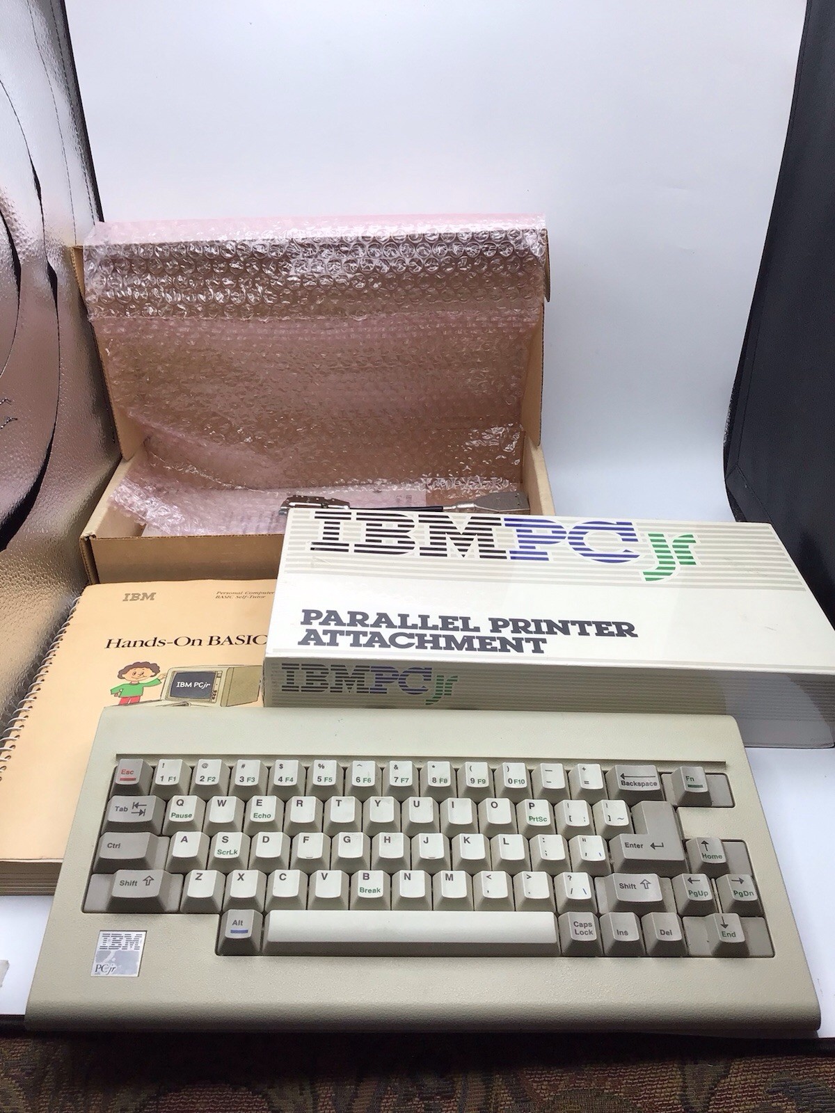 Vintage IBM PC Jr Lot KEYBOARD, BOOK, PRINTER ATTACHMENT, & CABLE ADAPT *READ*