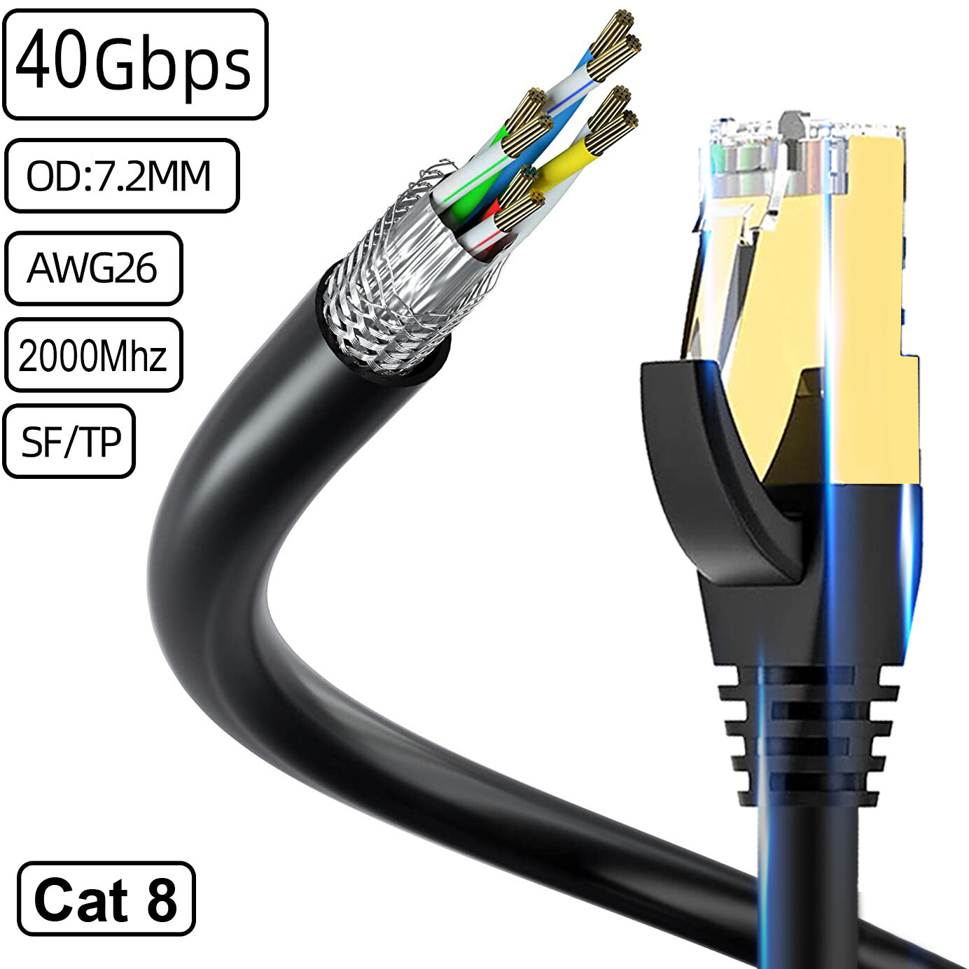 Cat 8 Twisted Pairs Ethernet Cable 6ft, Outdoor Heavy Duty Internet Network Lot