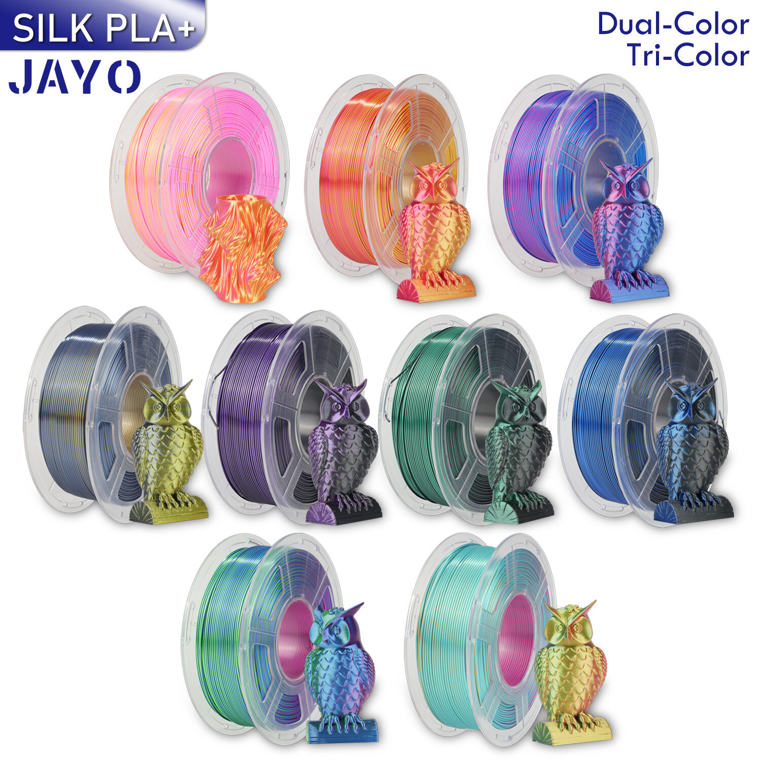 JAYO 1.75mm SILK PLA+ 3D Printer Filament Dual-Color Tri-Color Shiny 1.1KG FDM