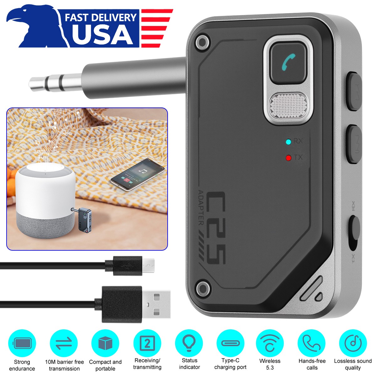 Bluetooth 5.3 Car Wireless Transmitter Receiver Adapter AUX Audio(3.5mm Jack)