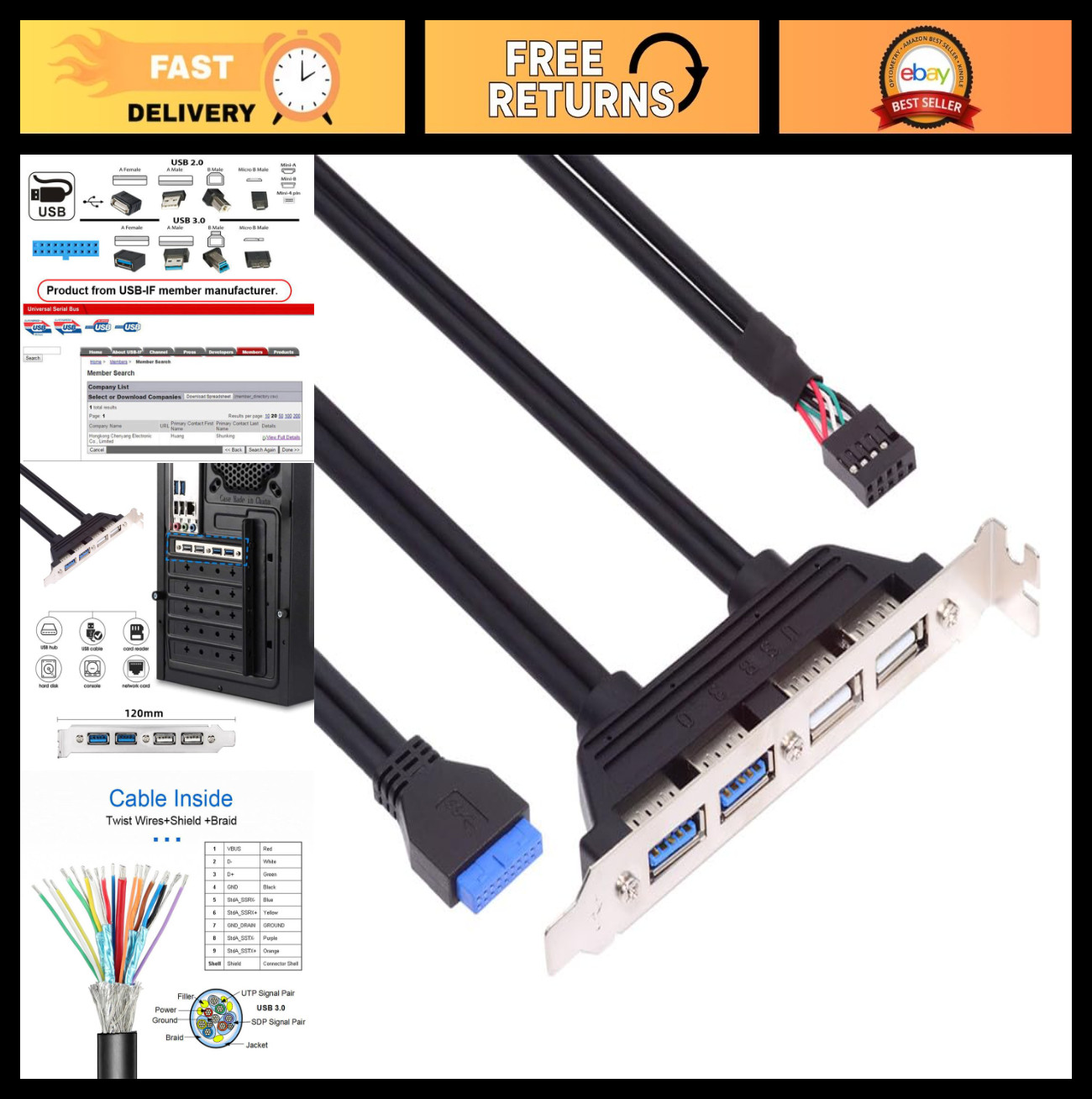 Internal USB 2.0 & 3.0 Female Mount Panel Cable with PCI Bracket – 50cm, 9pin/19