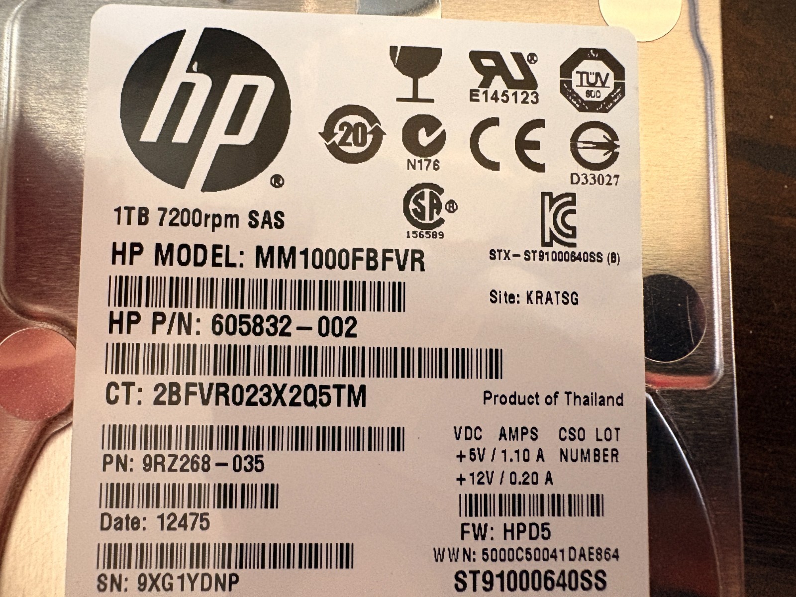 Lot of 7 HP MM1000FBFVR 605832-002 7.2K 1TB 2.5″ SFF SAS 6Gbps Server Hard Drive