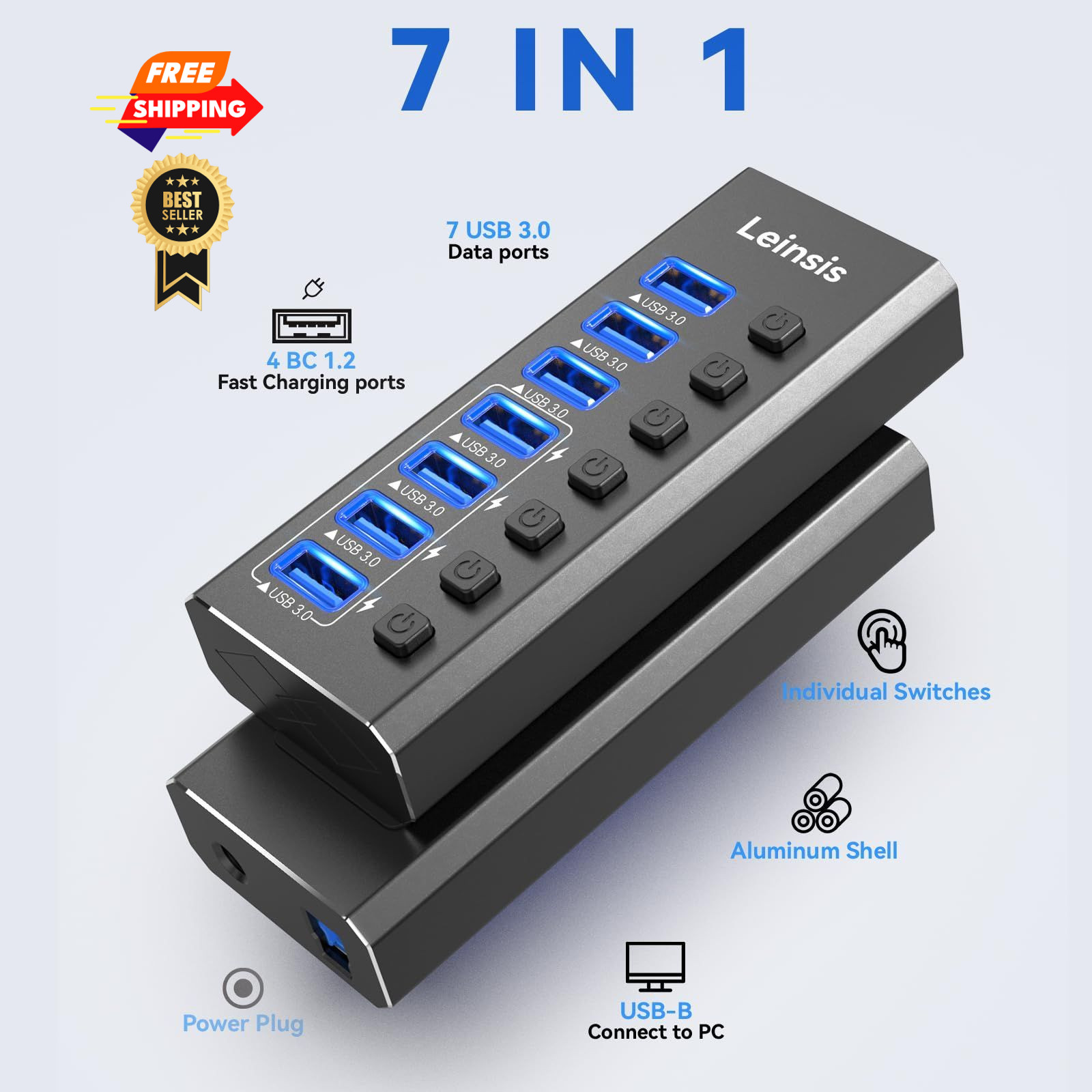 Powered USB Hub 3.0, Leinsis 7-Port 3.0 3.01, Metallic Black