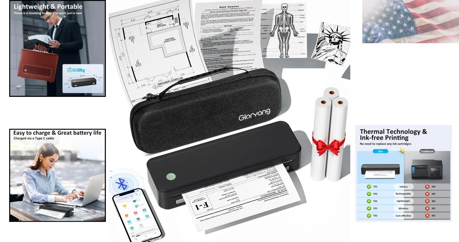 Inkless Portable Printer for Travel, Wireless Thermal Printer Supports 8.5 x …