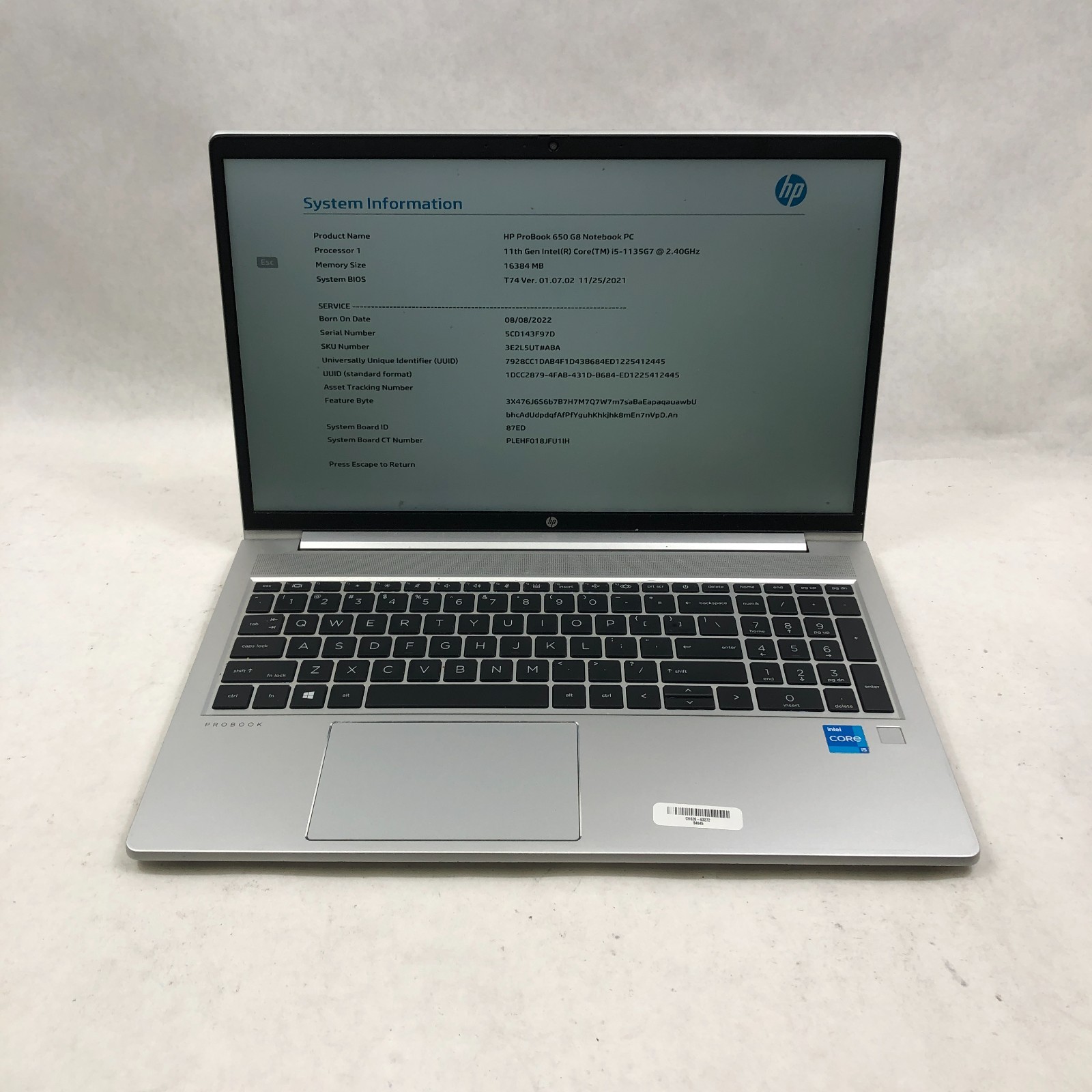 HP ProBook 650 G8 Notebook 15″ Intel Core i5-1135G7 2.4GHz 16GB RAM NO SSD