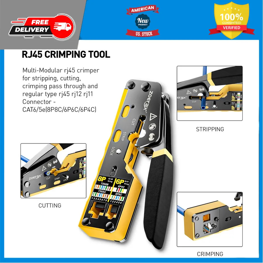 ZOERAX 11-in-1 Network Tool Kit RJ45 Crimper Tester Punch Down Stripper Cat6