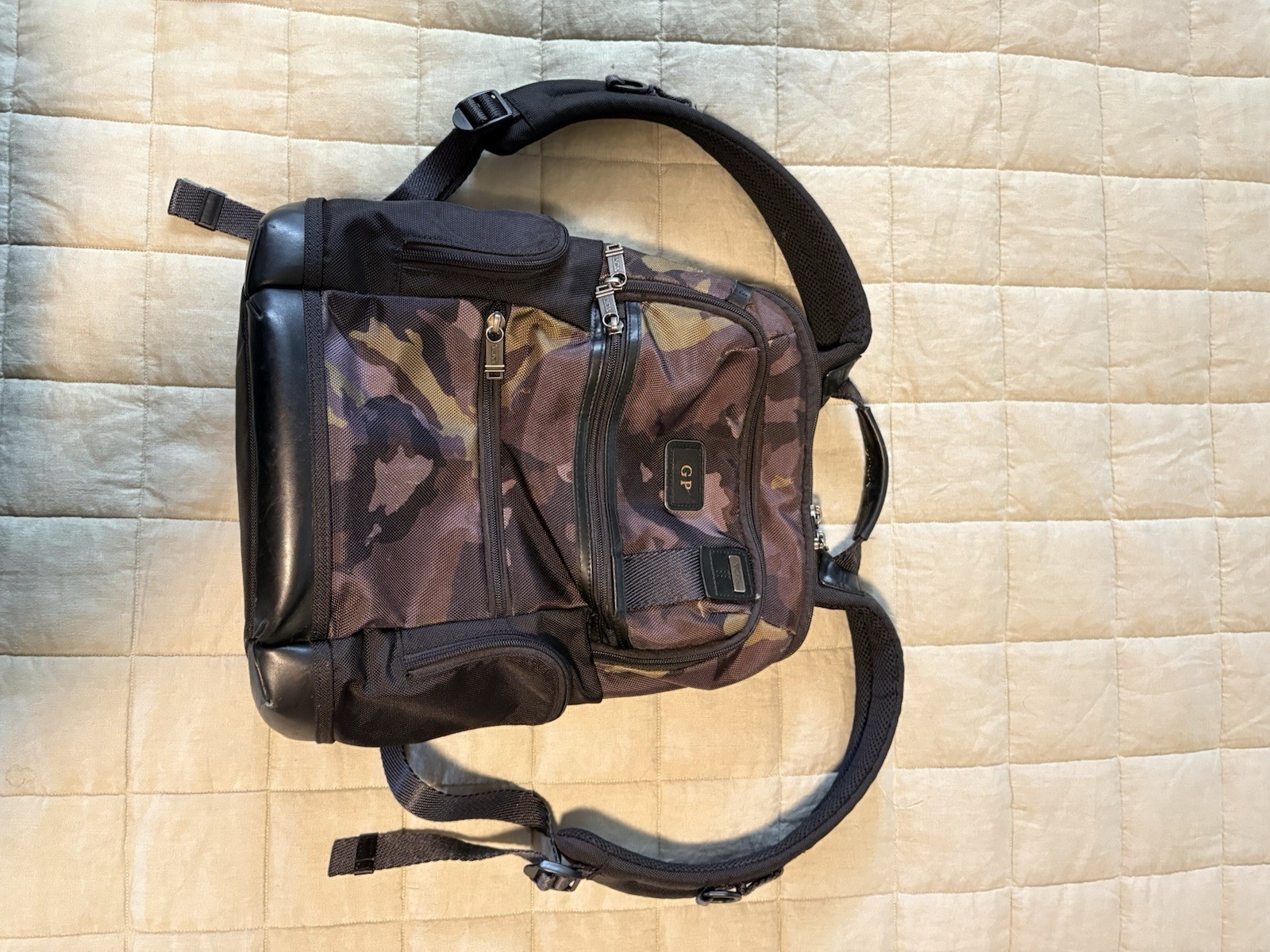 TUMI Laptop Backpack Black Camouflage, Padded Straps, Zip-Around Closure