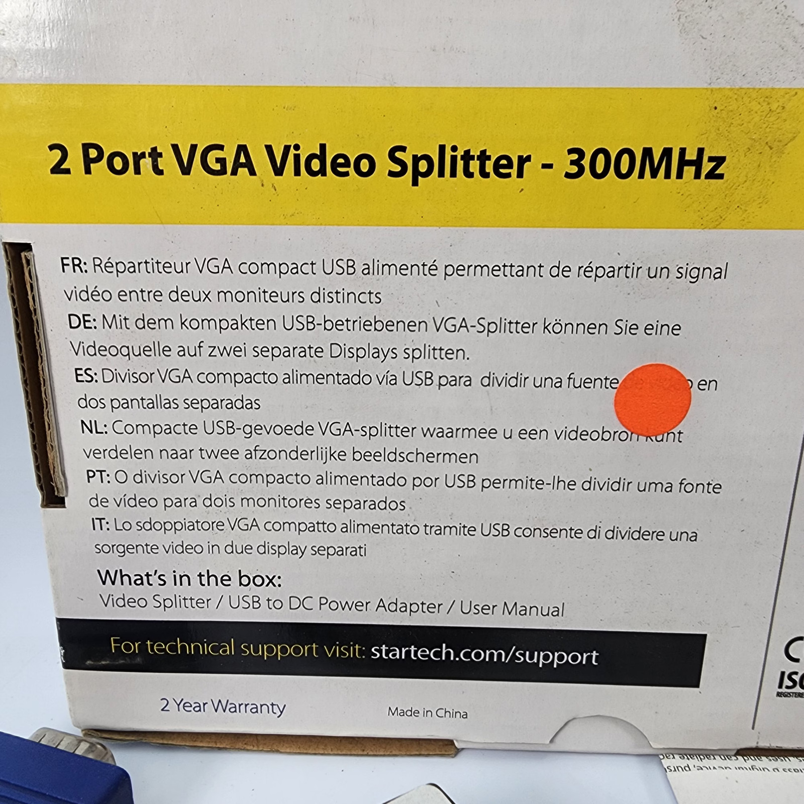 StarTech ST122LE 2-Port VGA Video Splitter 300MHz – USB Powered – New Old Stock