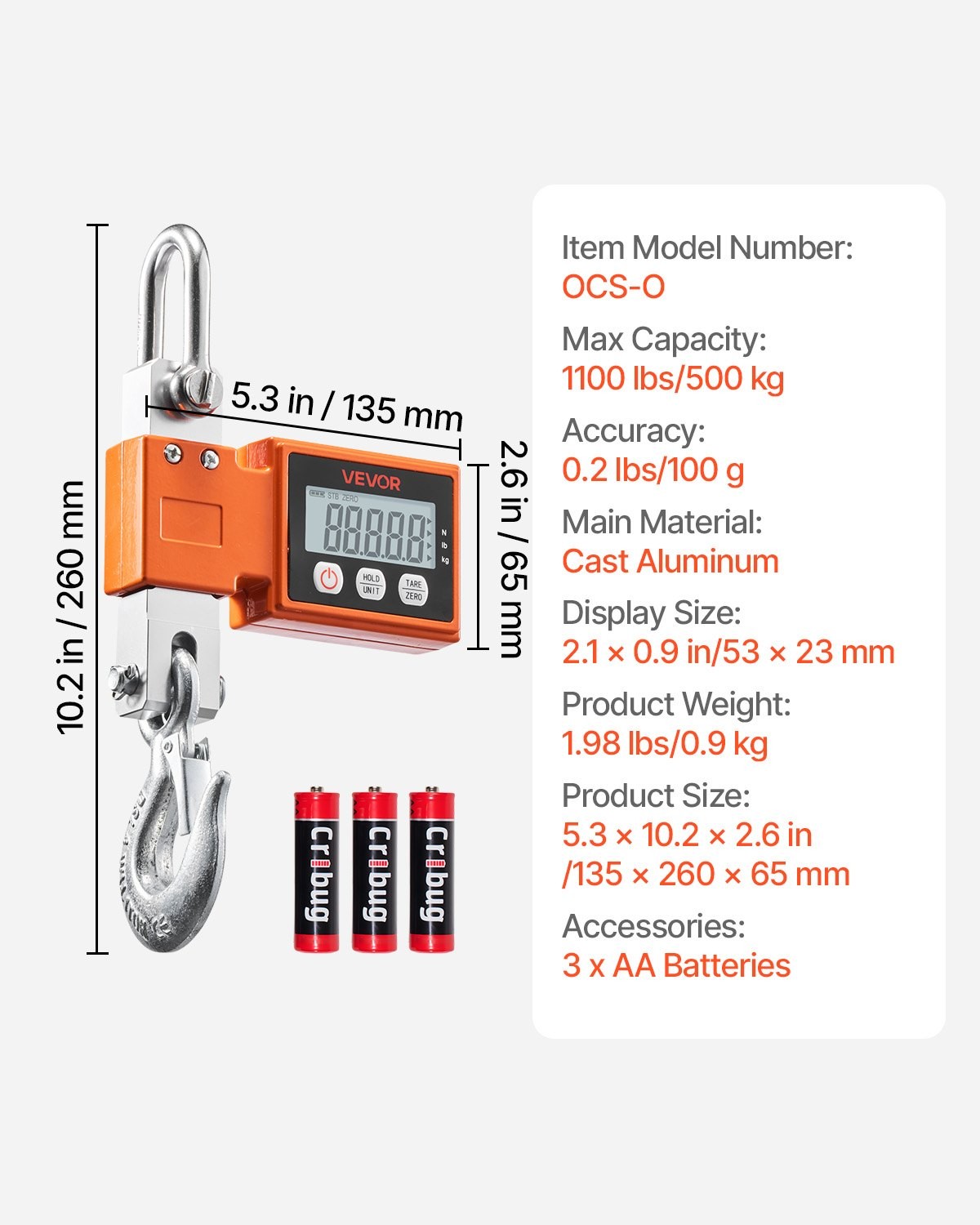 Digital Crane Scale, 1100 lbs/500 kg Max Capacity, Heavy Duty Industrial Hanging