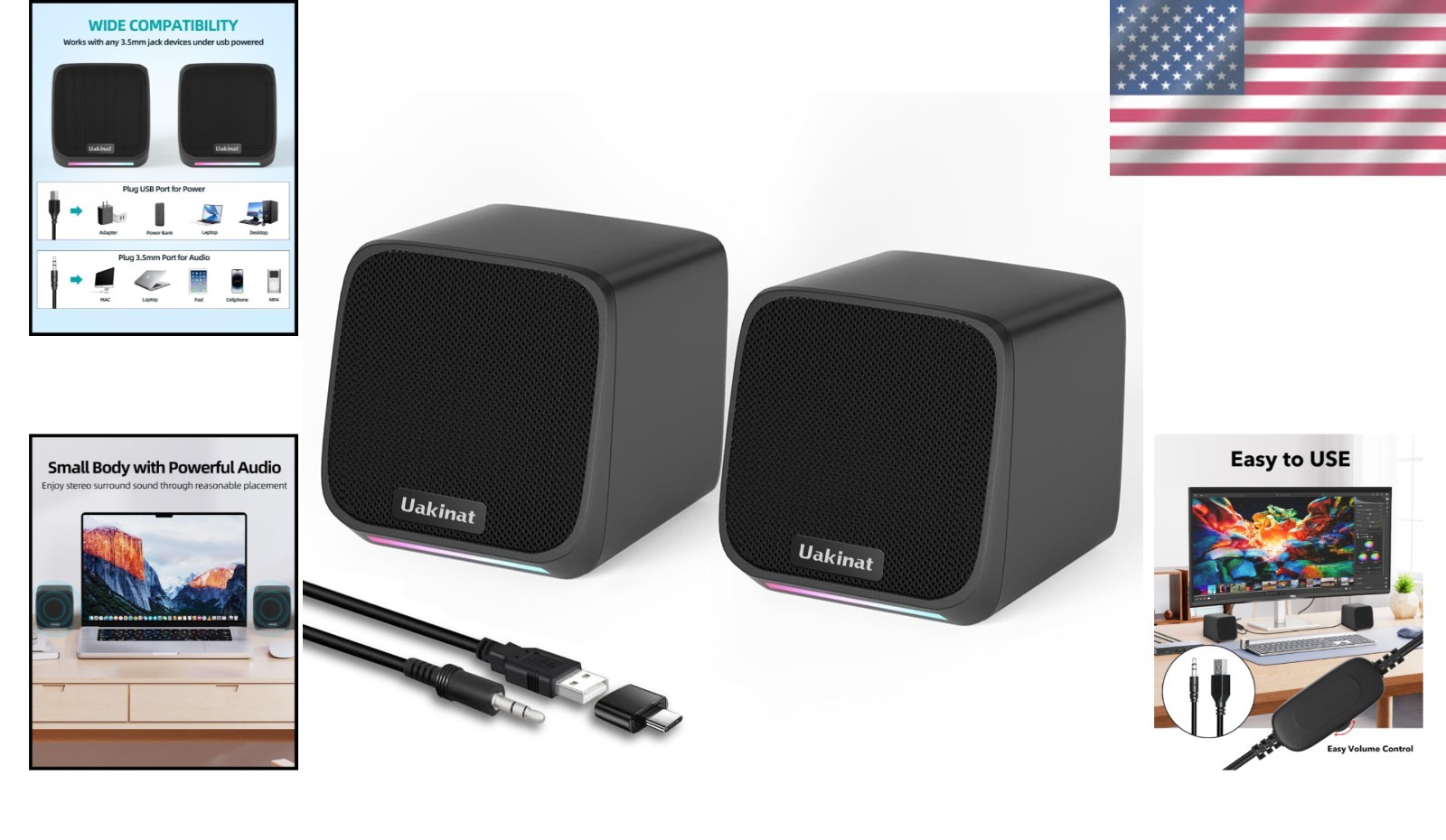 Plug-and-Play Portable desktop Speakers with 3.5mm Connection & Volume Control