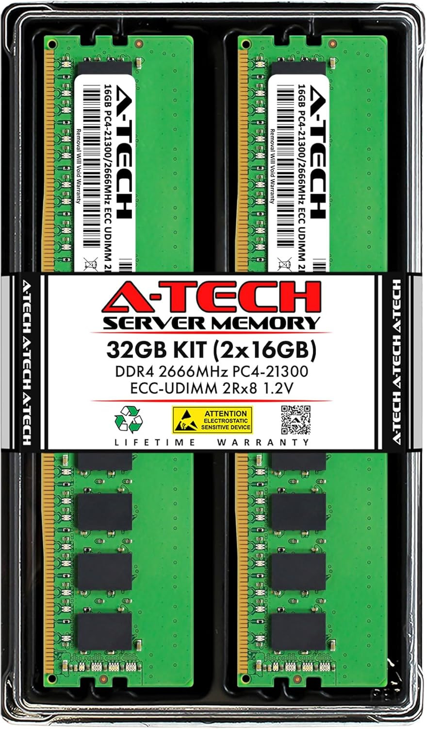 Server 32GB Kit (2X16Gb) DDR4 2666Mhz PC4-21300 ECC UDIMM 2Rx8 Dual Rank 1.2V E