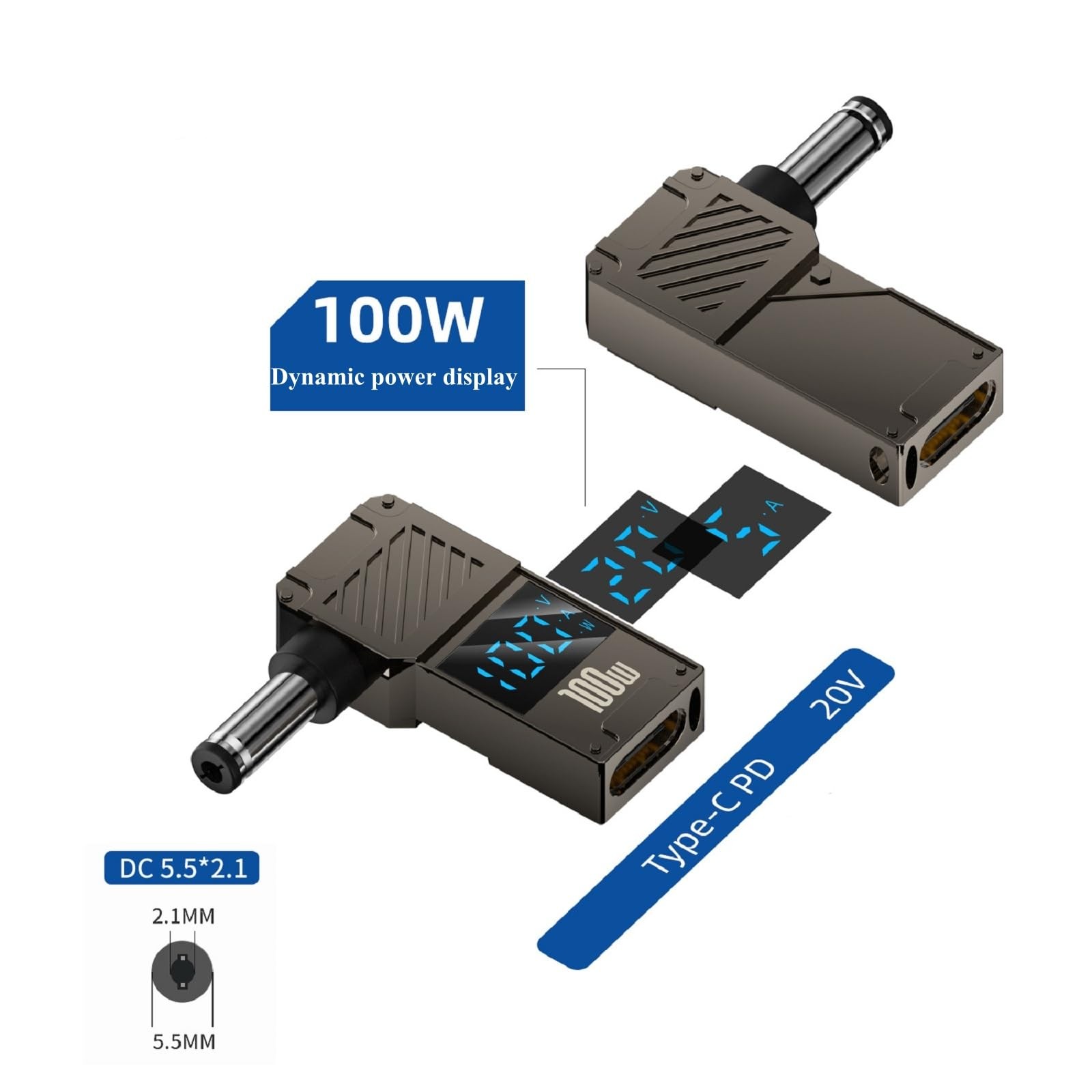 Female USB C to DC 5.5mm x 2.1mm Male Converter for Laptop, 100W 20V black