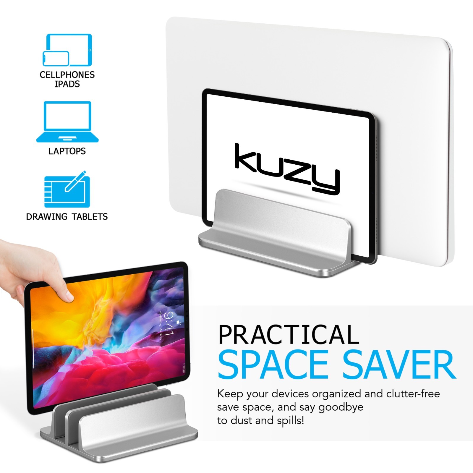 Vertical Laptop Stand Adjustable Dual Slot, MacBook Stand Holder Desk – Silver