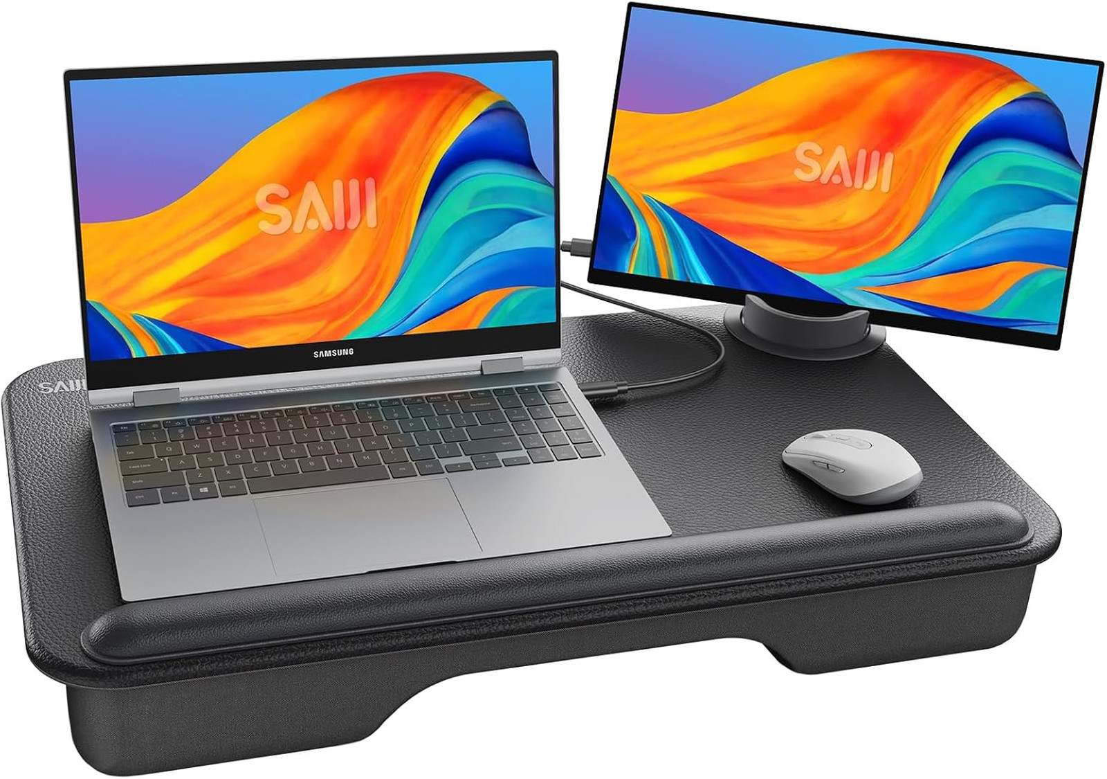 Laptop Lap Desk Fits Up to 17 Inches with Leather Surface and Monitor Holder for