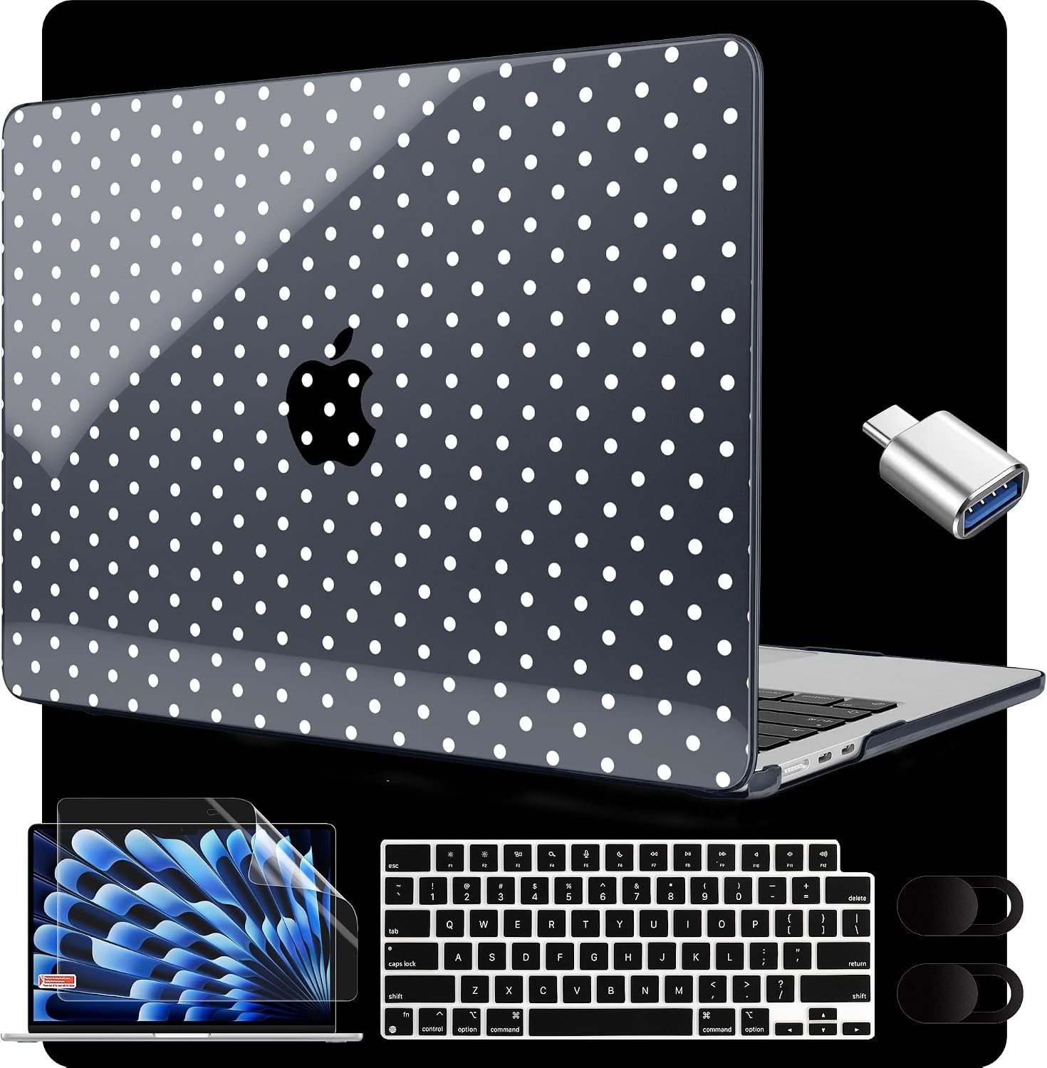 for M5/M4/M3/M2 MacBook Air 15 inch Case 2026 2025 2024 2023, White Polka Dot