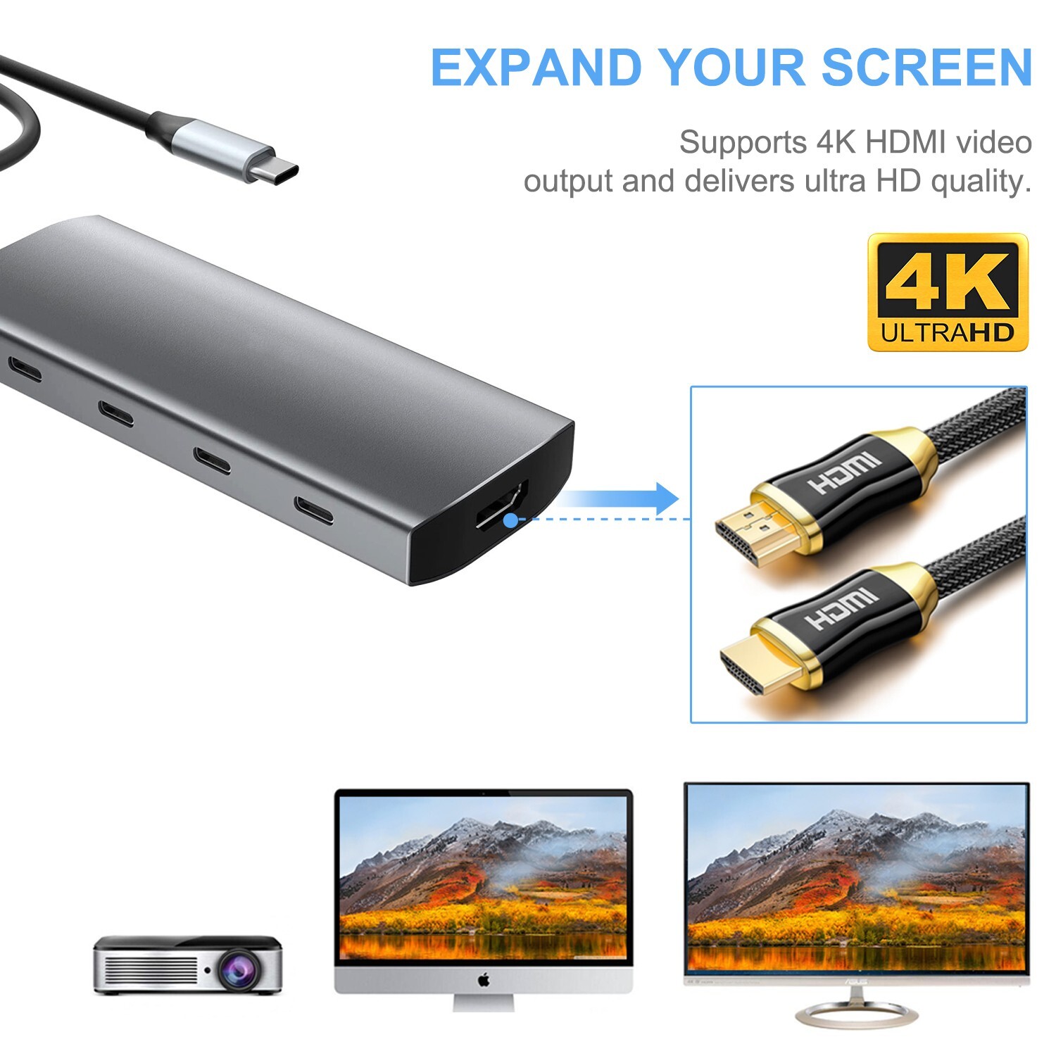 USB C Type C Hub to 3*USB 3.2, 4K@60Hz HDMI, 100W PD, USB 3.0, SD/TF Card Reader