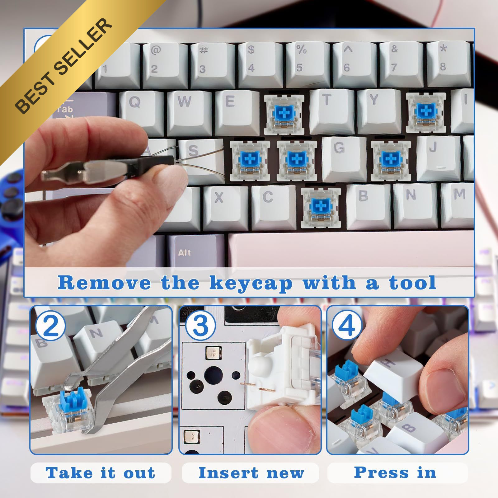 Mechanical Keyboard Switches 3-Pin Clicky Tactile 50 Pcs Blue DIY Puller Brush