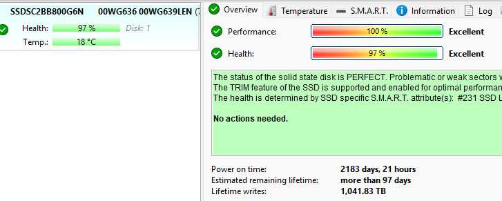 Lenovo Intel DC S3510 800GB 2.5″ SATA SSD SOLID STATE DRIVE 00WG639 97% HEALTH