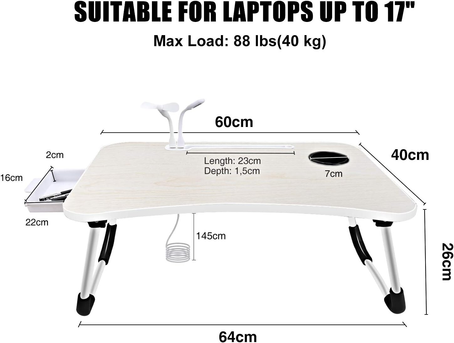 Laptop Bed Desk, Foldable Laptop Lap Desk Tray Table with USB Charge Port, White