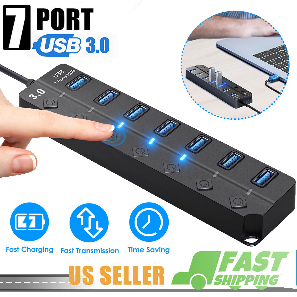 7 Port USB 3.0 Hub Splitter Adapter High Speed Extension For PC Laptop Desktop