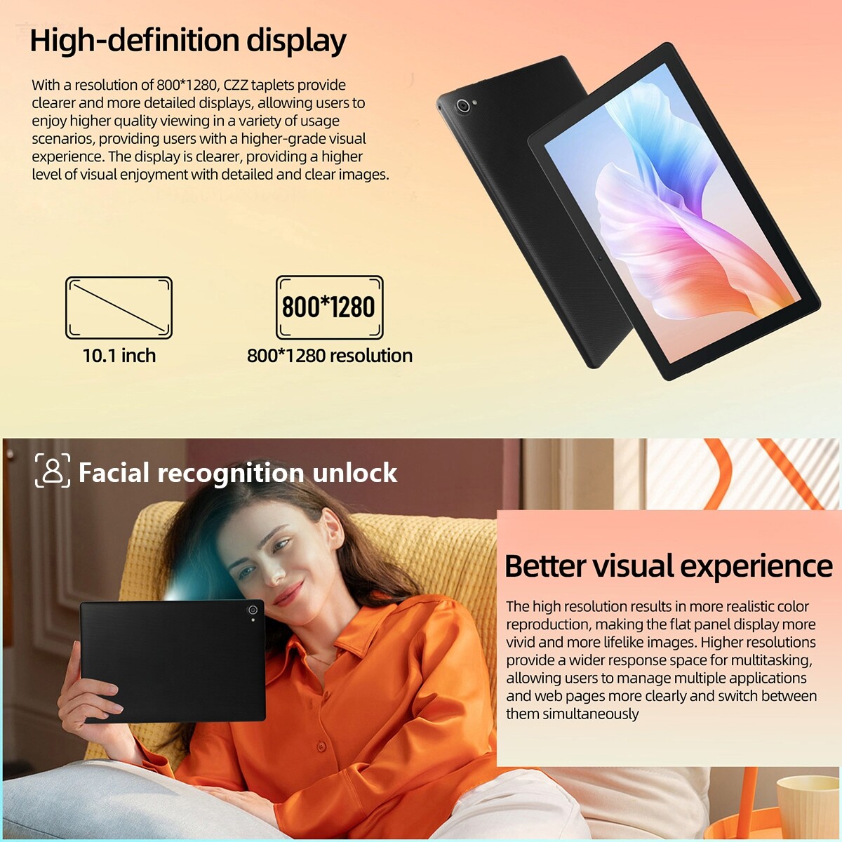 AEEZO 10.1 inch Octa-Core Android14 Tablet 8+64GB ROM,Dual Camera Bluetooth WIFI